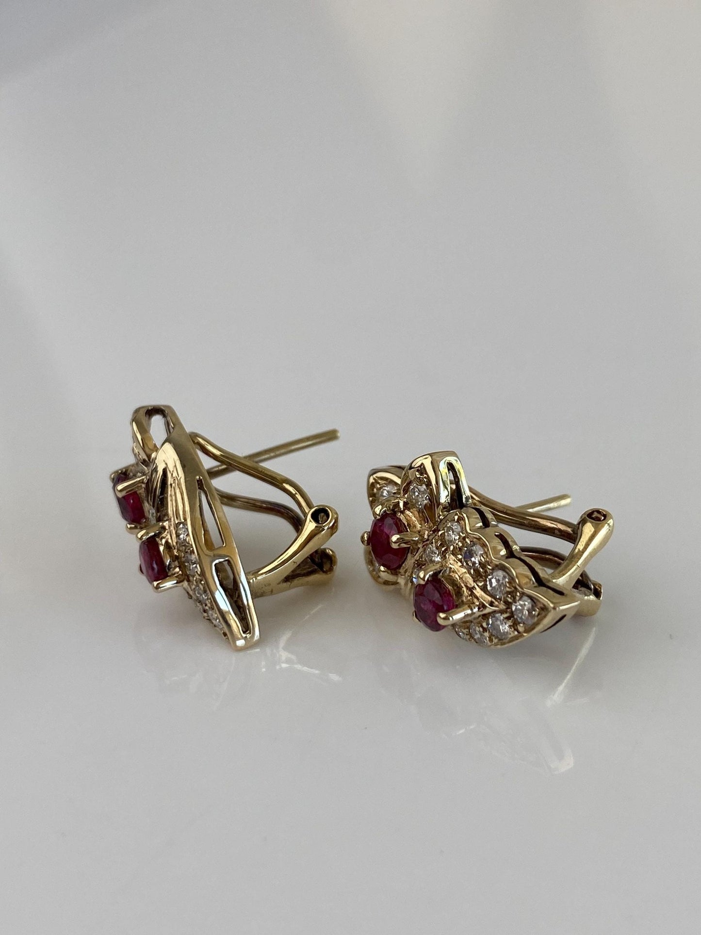 Vintage Solid 14k Yellow Gold Ruby Diamond Floral Drop Earrings