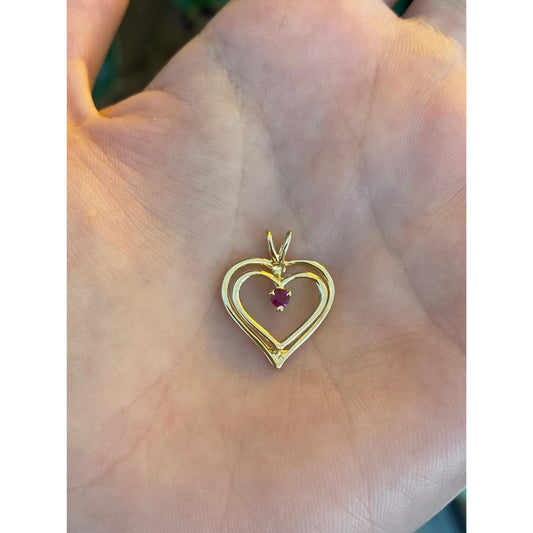Vintage Solid 14k Yellow Gold Ruby Open Heart Charm