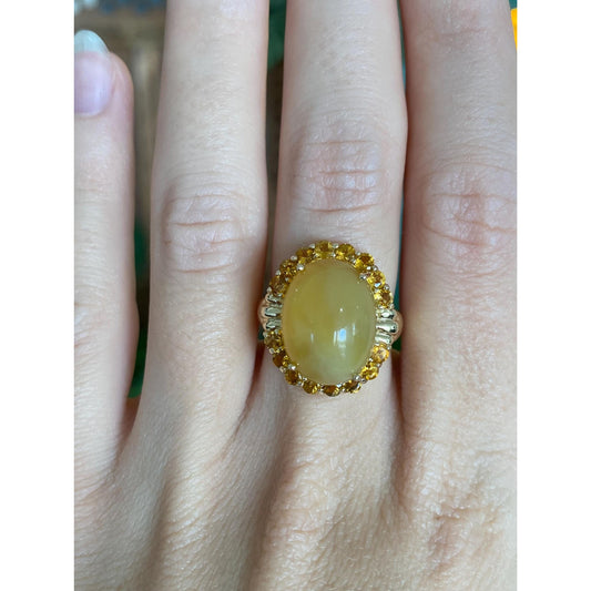 Vintage Solid 14k Yellow Gold Citrine Halo Orange Agate Ring - Size 5.75