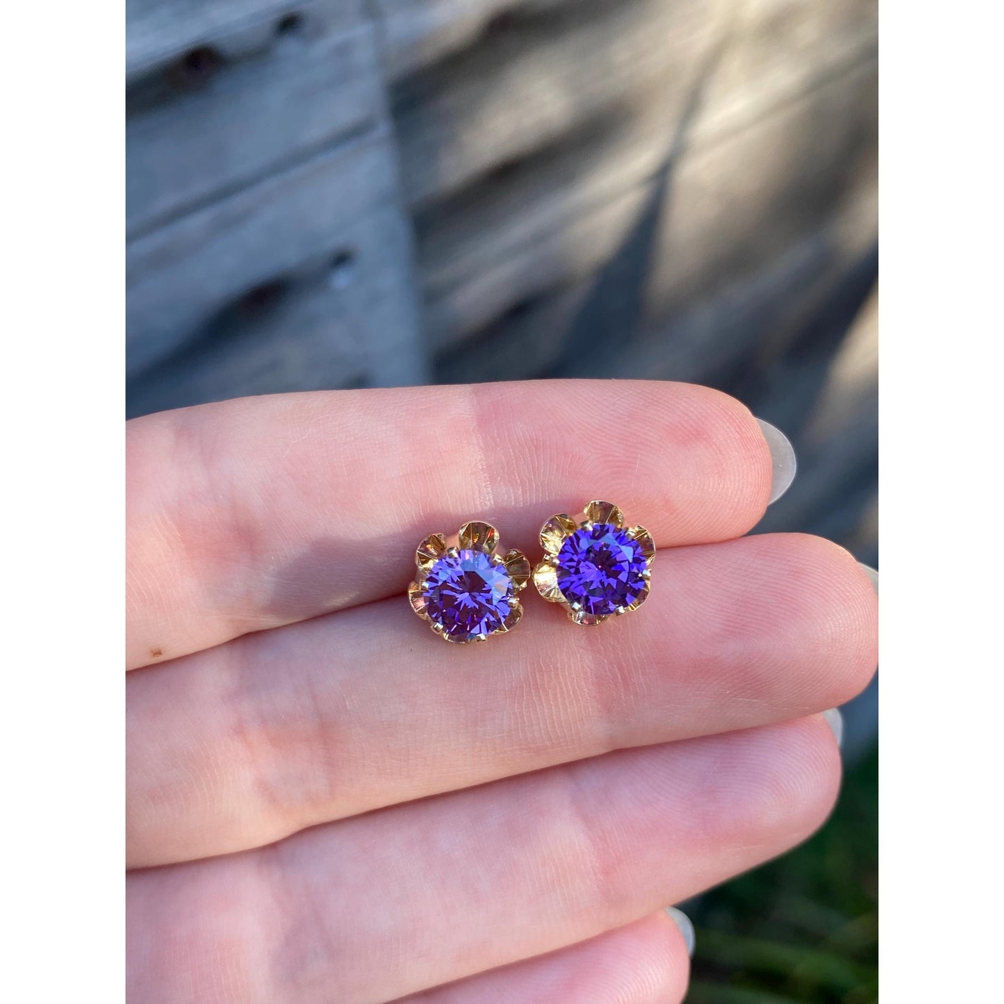 Vintage Solid 14k Yellow Gold Purple Cubic Zirconia Stud Earrings