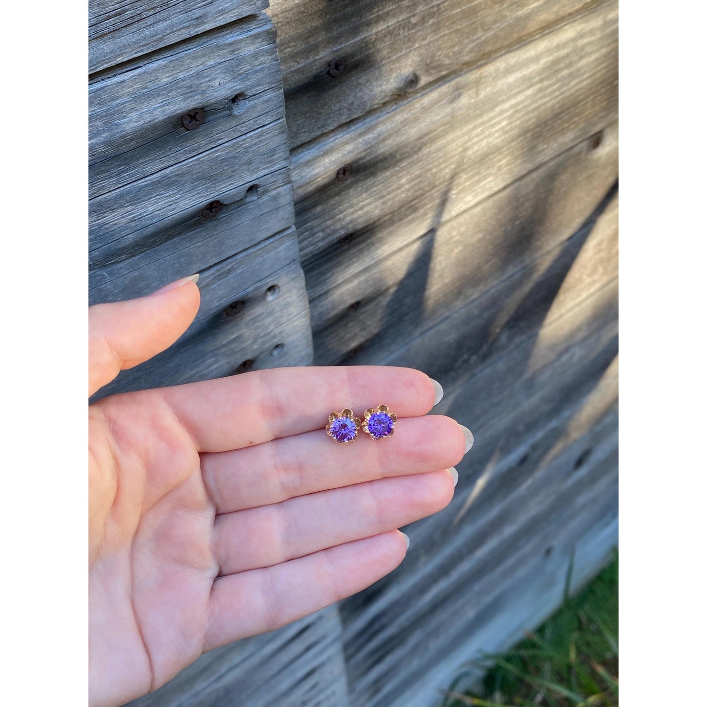 Vintage Solid 14k Yellow Gold Purple Cubic Zirconia Stud Earrings