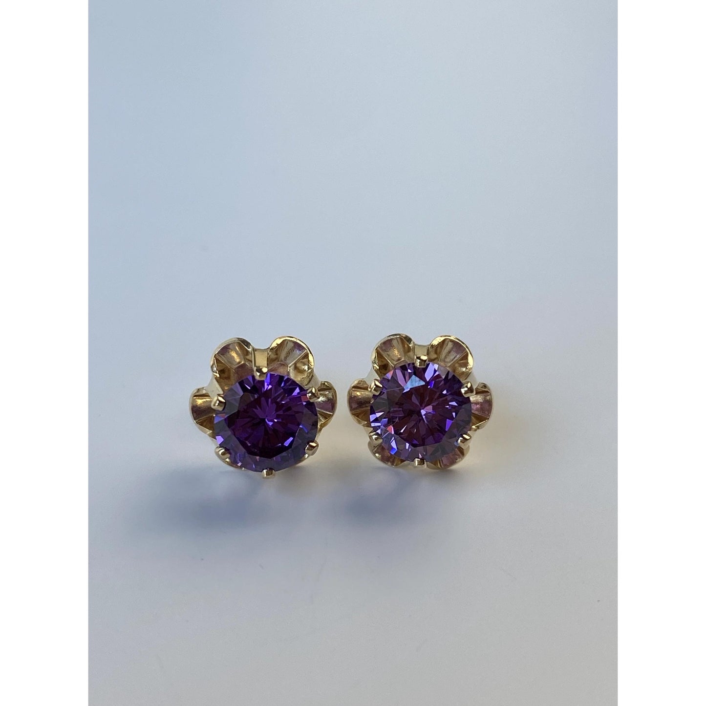 Vintage Solid 14k Yellow Gold Purple Cubic Zirconia Stud Earrings