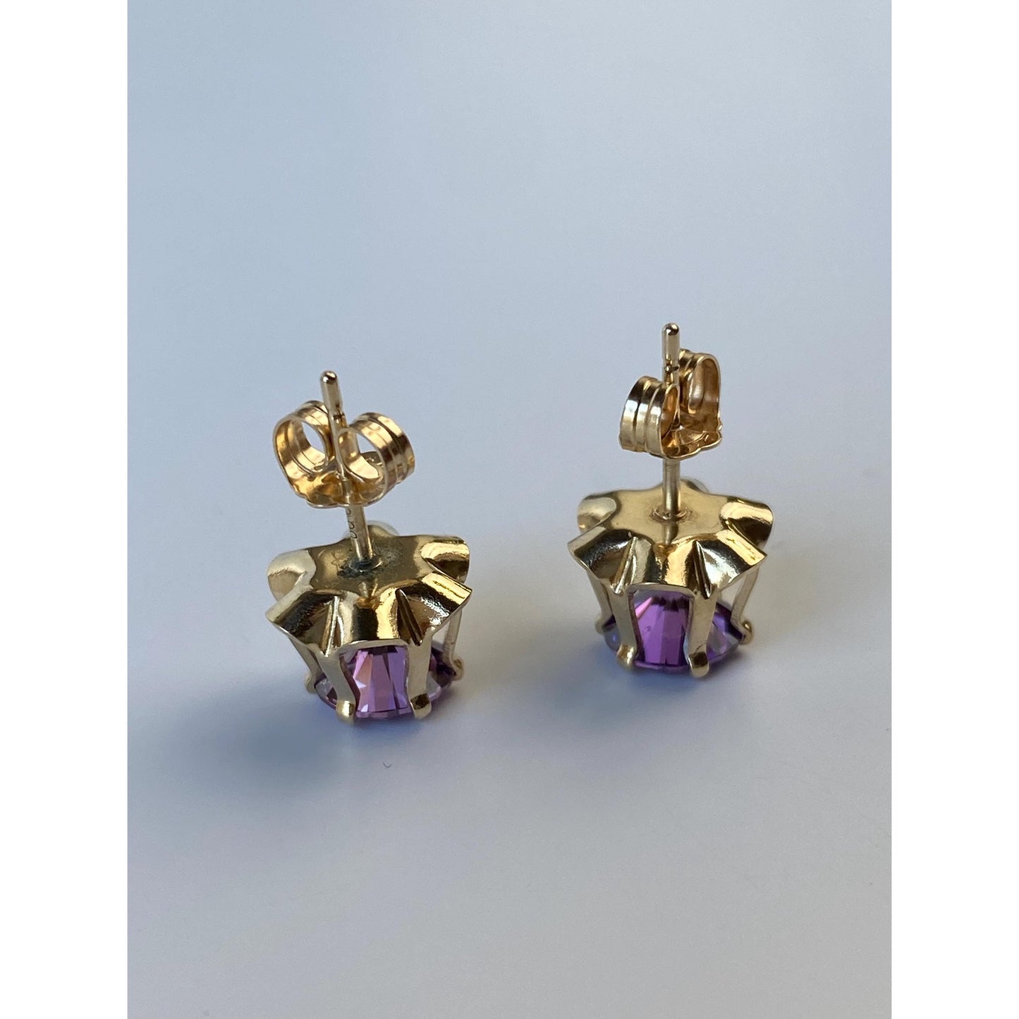 Vintage Solid 14k Yellow Gold Purple Cubic Zirconia Stud Earrings