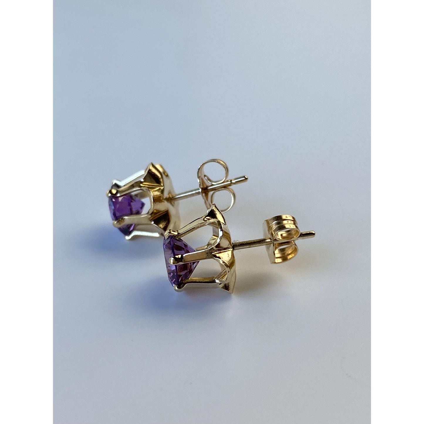 Vintage Solid 14k Yellow Gold Purple Cubic Zirconia Stud Earrings