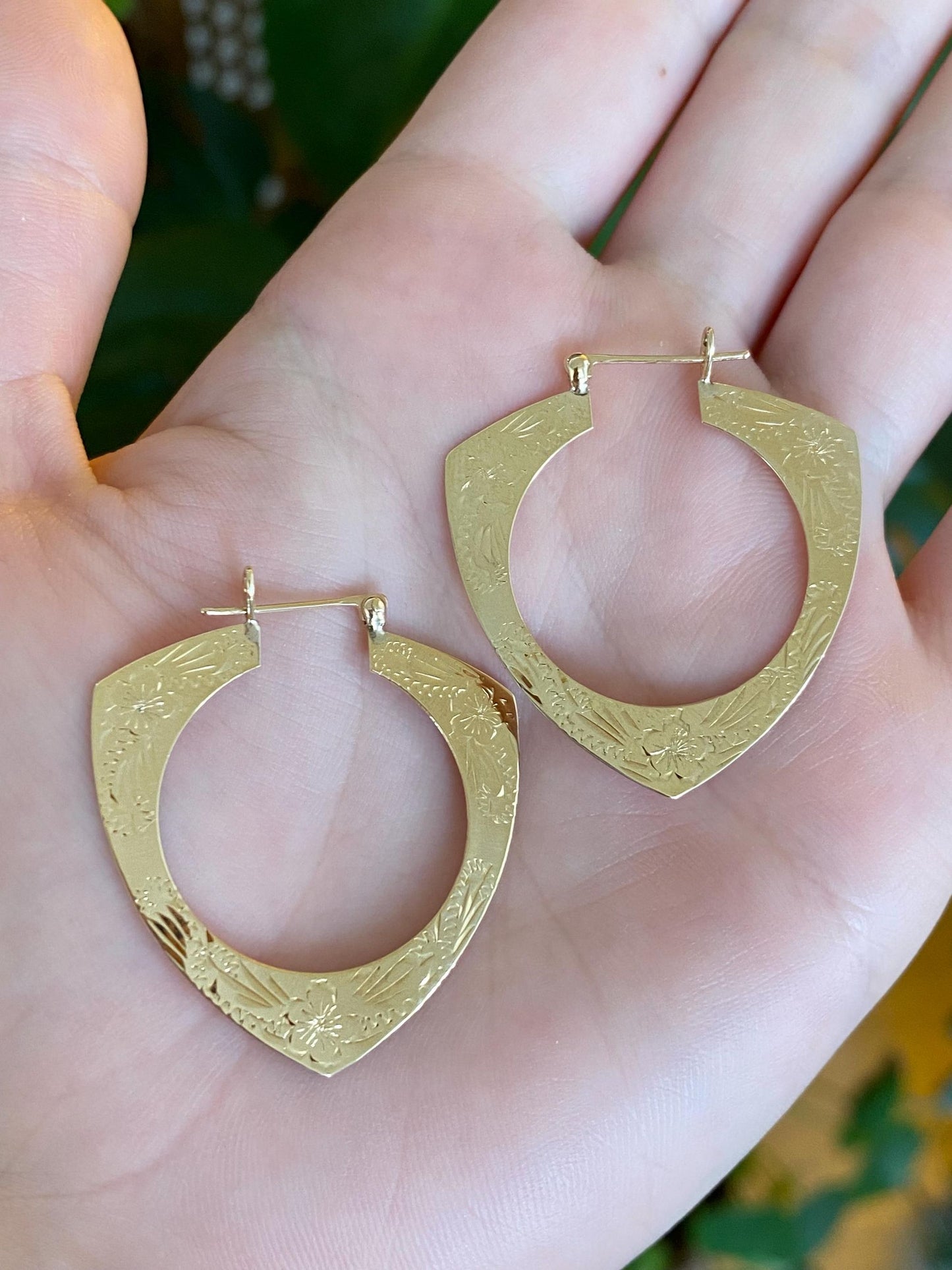 Vintage Solid 14k Yellow Gold Flat Engraved Hoop Earrings