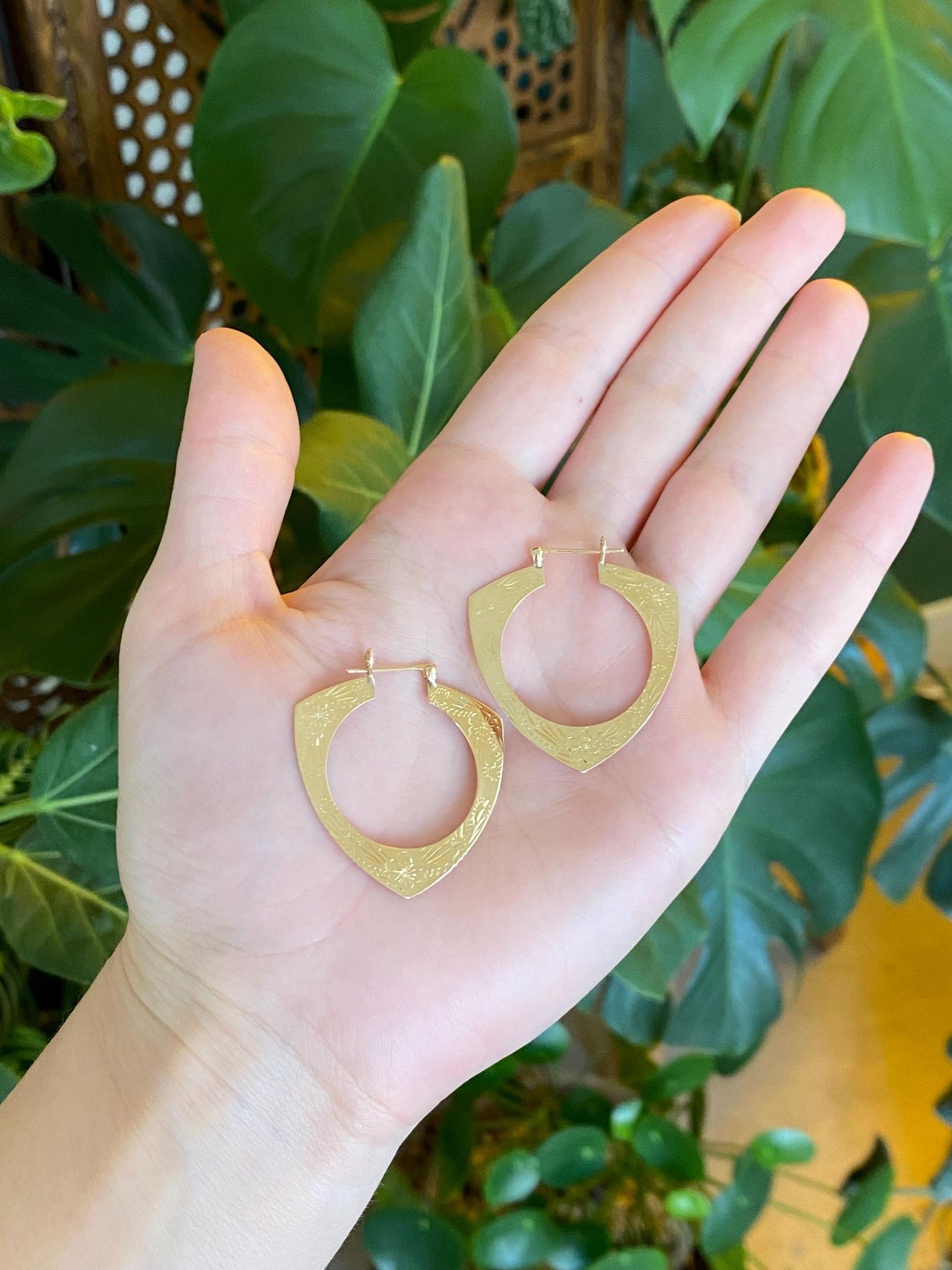 Vintage Solid 14k Yellow Gold Flat Engraved Hoop Earrings
