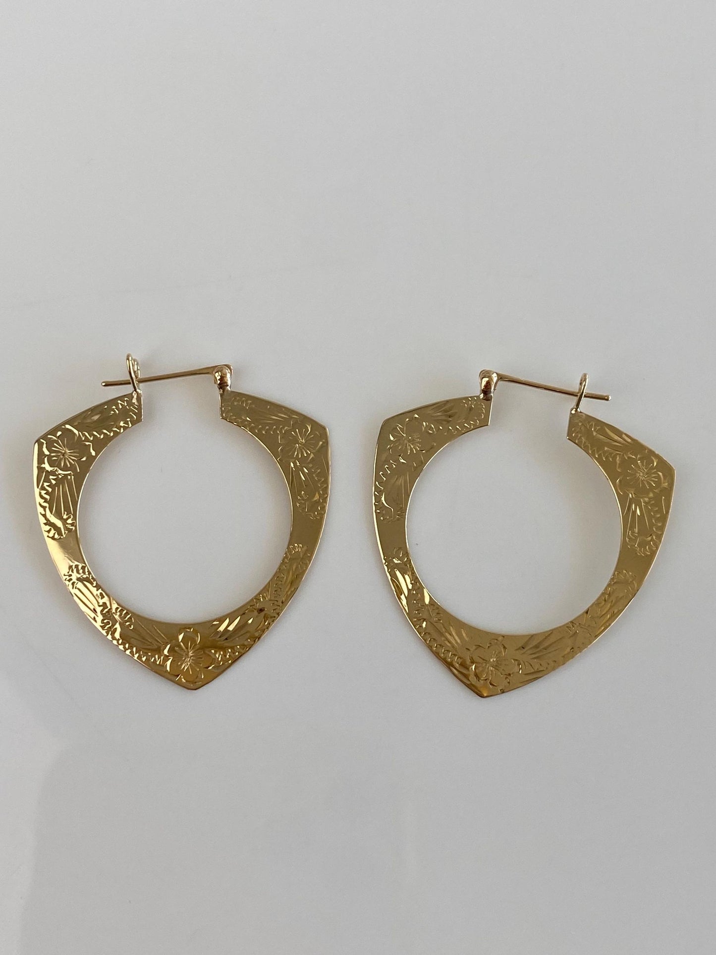 Vintage Solid 14k Yellow Gold Flat Engraved Hoop Earrings