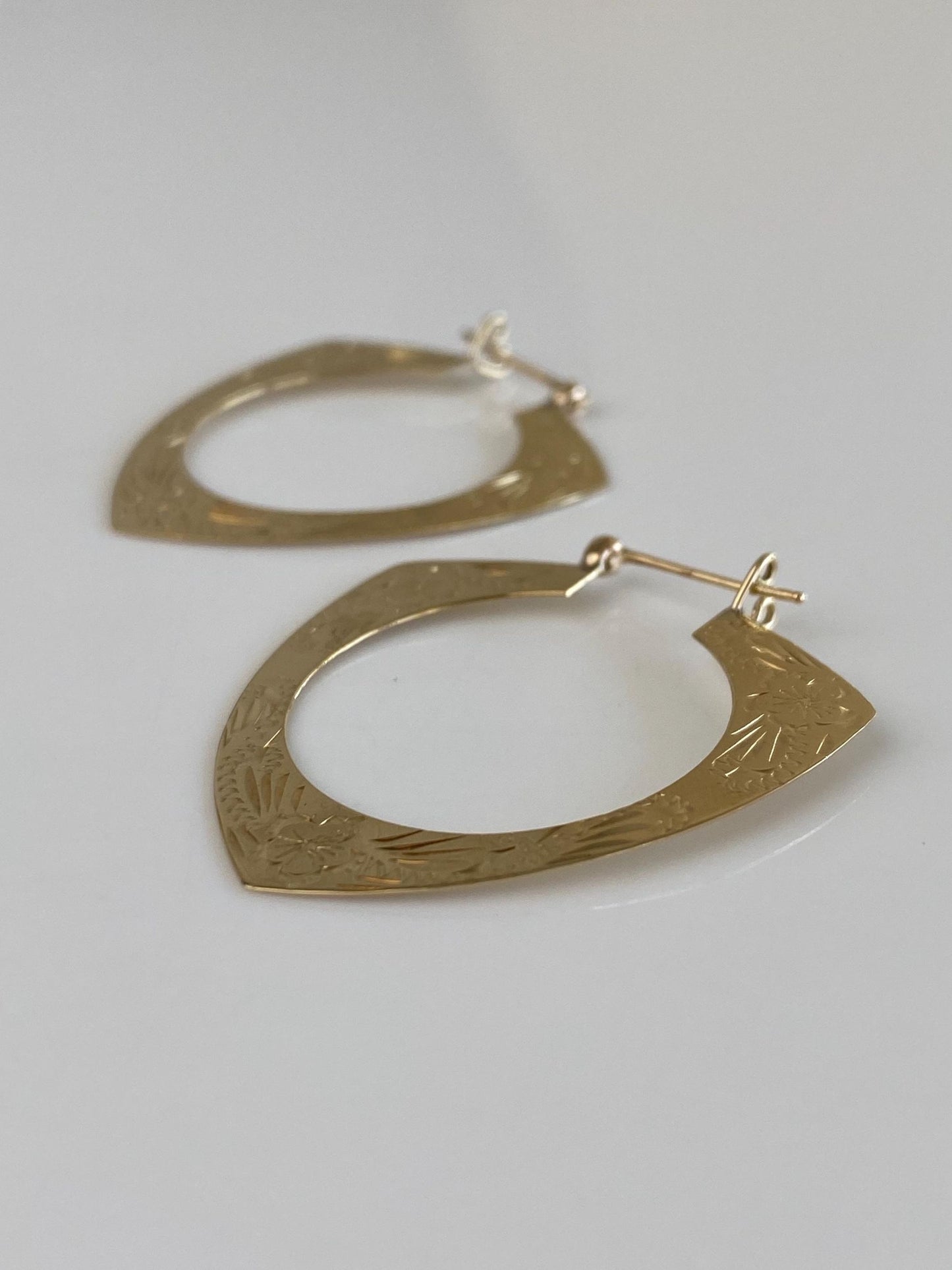 Vintage Solid 14k Yellow Gold Flat Engraved Hoop Earrings