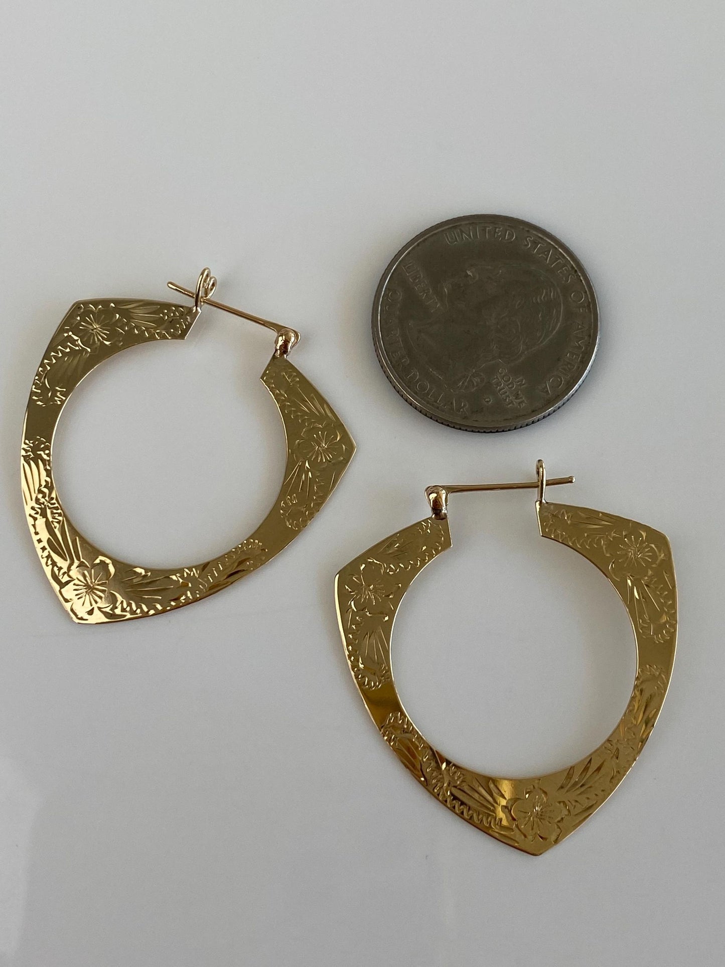 Vintage Solid 14k Yellow Gold Flat Engraved Hoop Earrings