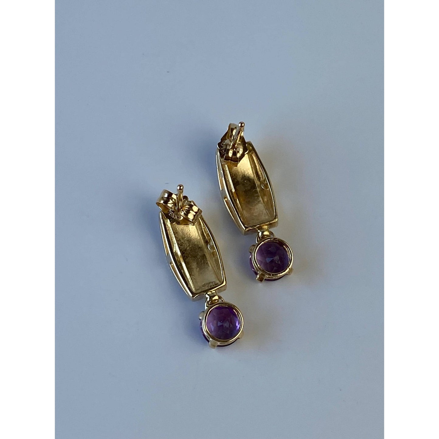Vintage Solid 14k Yellow Gold Amethyst Pyramid Texture Drop Earrings