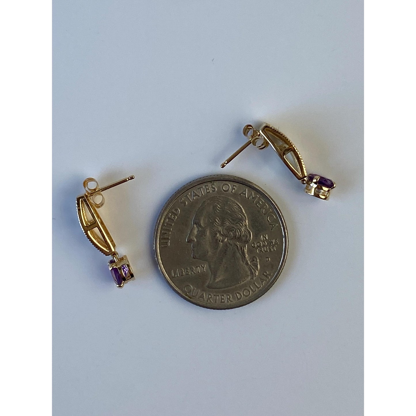 Vintage Solid 14k Yellow Gold Amethyst Pyramid Texture Drop Earrings