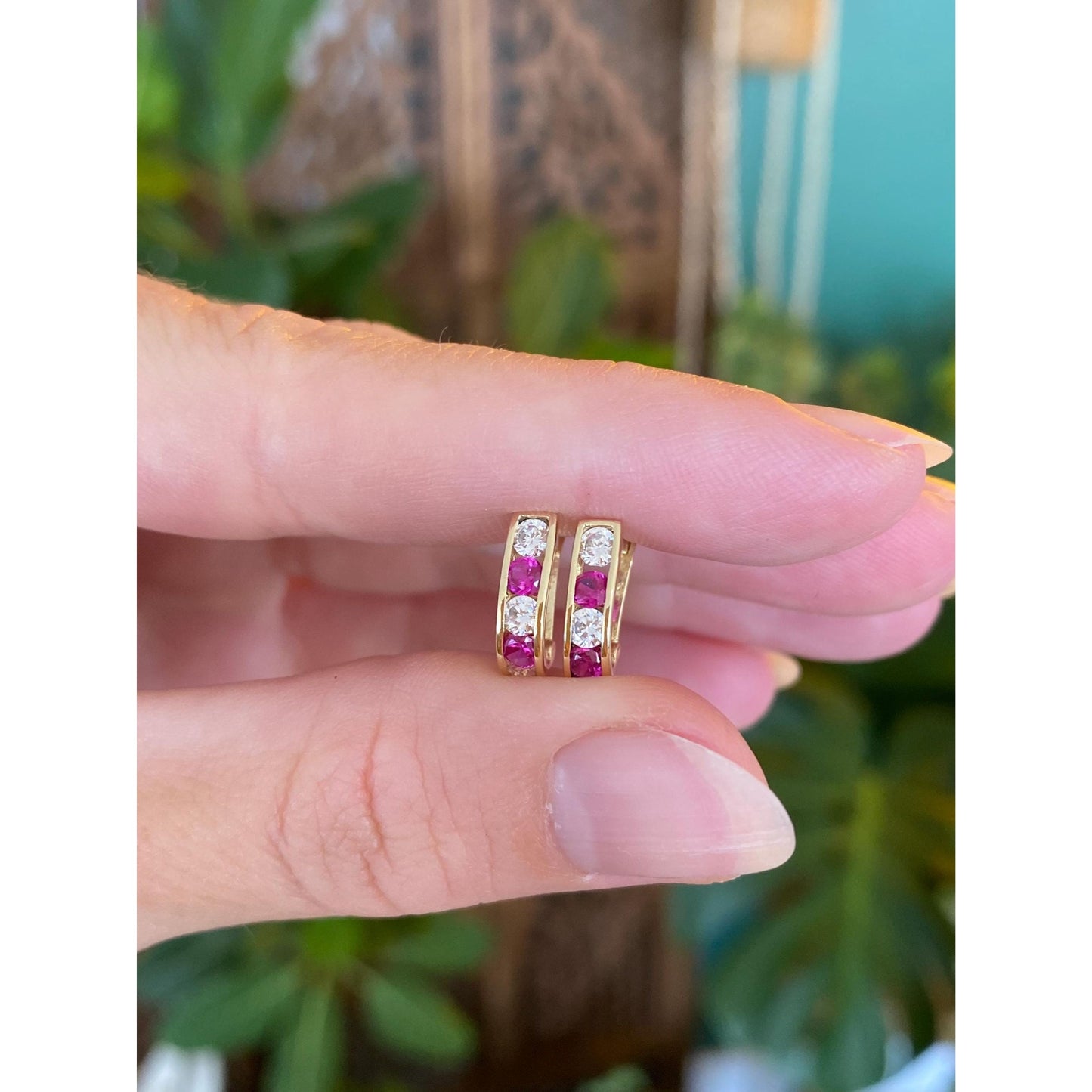 Vintage Solid 14k Yellow Gold Pink Spinel Clear Cubic Zirconia Drop Earrings