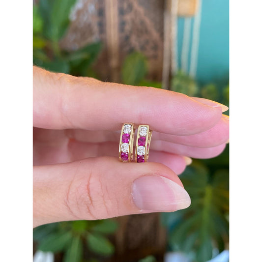 Vintage Solid 14k Yellow Gold Pink Spinel Clear Cubic Zirconia Drop Earrings