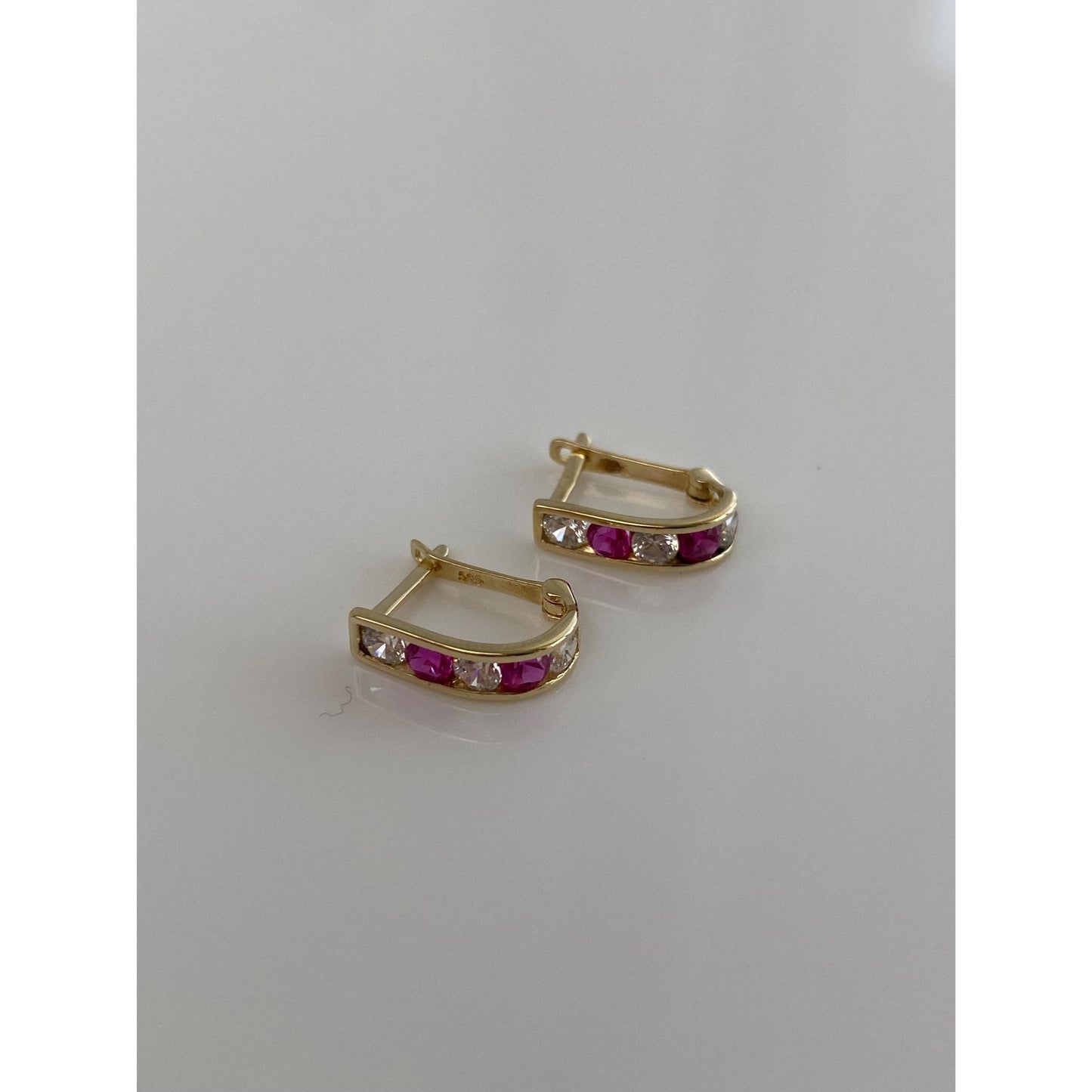 Vintage Solid 14k Yellow Gold Pink Spinel Clear Cubic Zirconia Drop Earrings