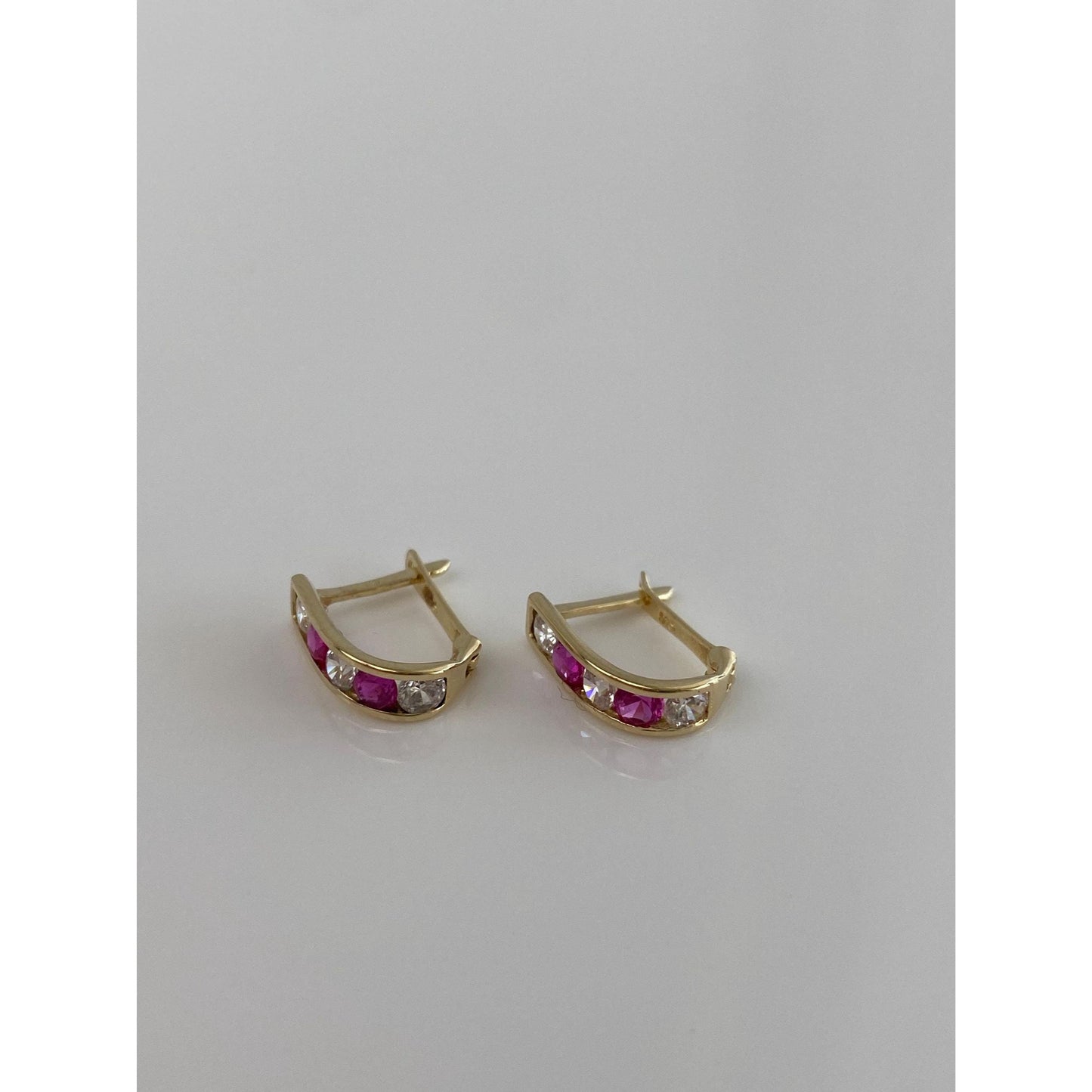 Vintage Solid 14k Yellow Gold Pink Spinel Clear Cubic Zirconia Drop Earrings