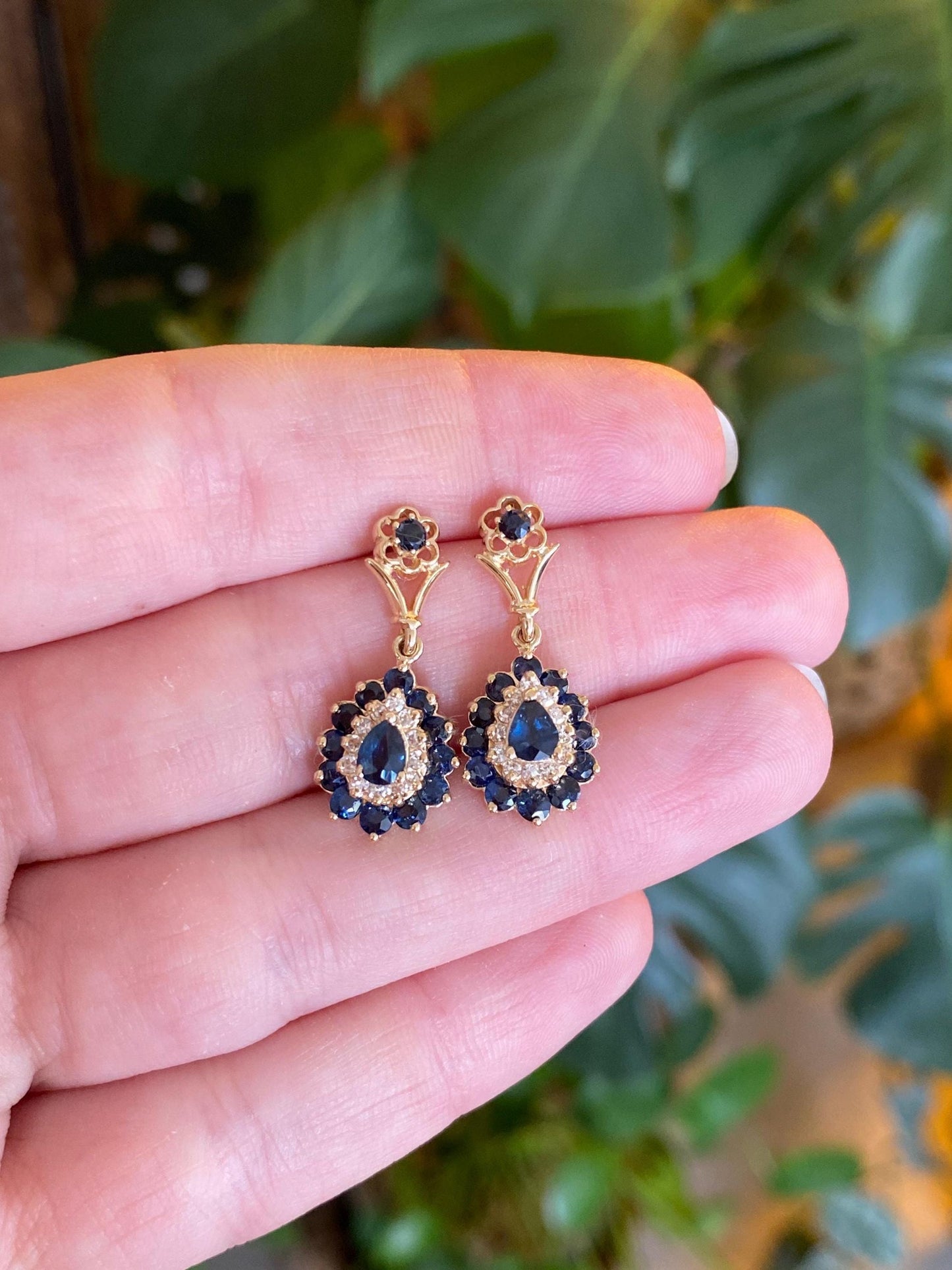Vintage Solid 14k Yellow Gold Blue Sapphire Diamond Halo Dangle Stud Earrings
