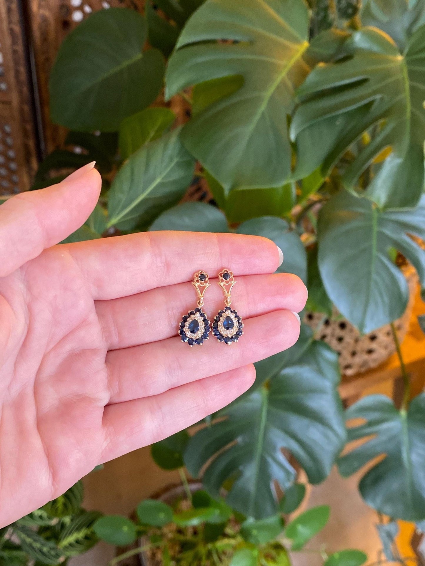 Vintage Solid 14k Yellow Gold Blue Sapphire Diamond Halo Dangle Stud Earrings