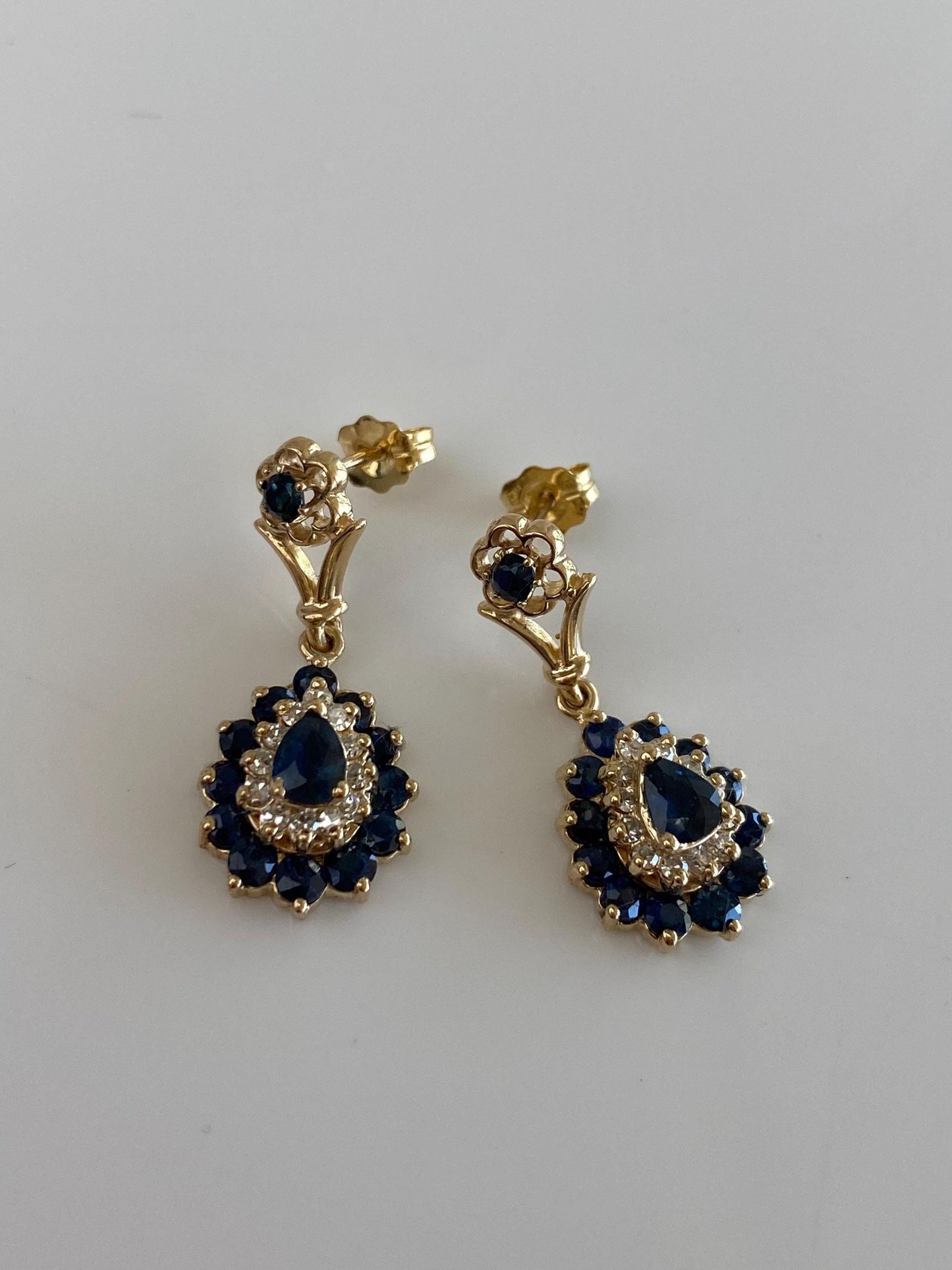 Vintage Solid 14k Yellow Gold Blue Sapphire Diamond Halo Dangle Stud Earrings