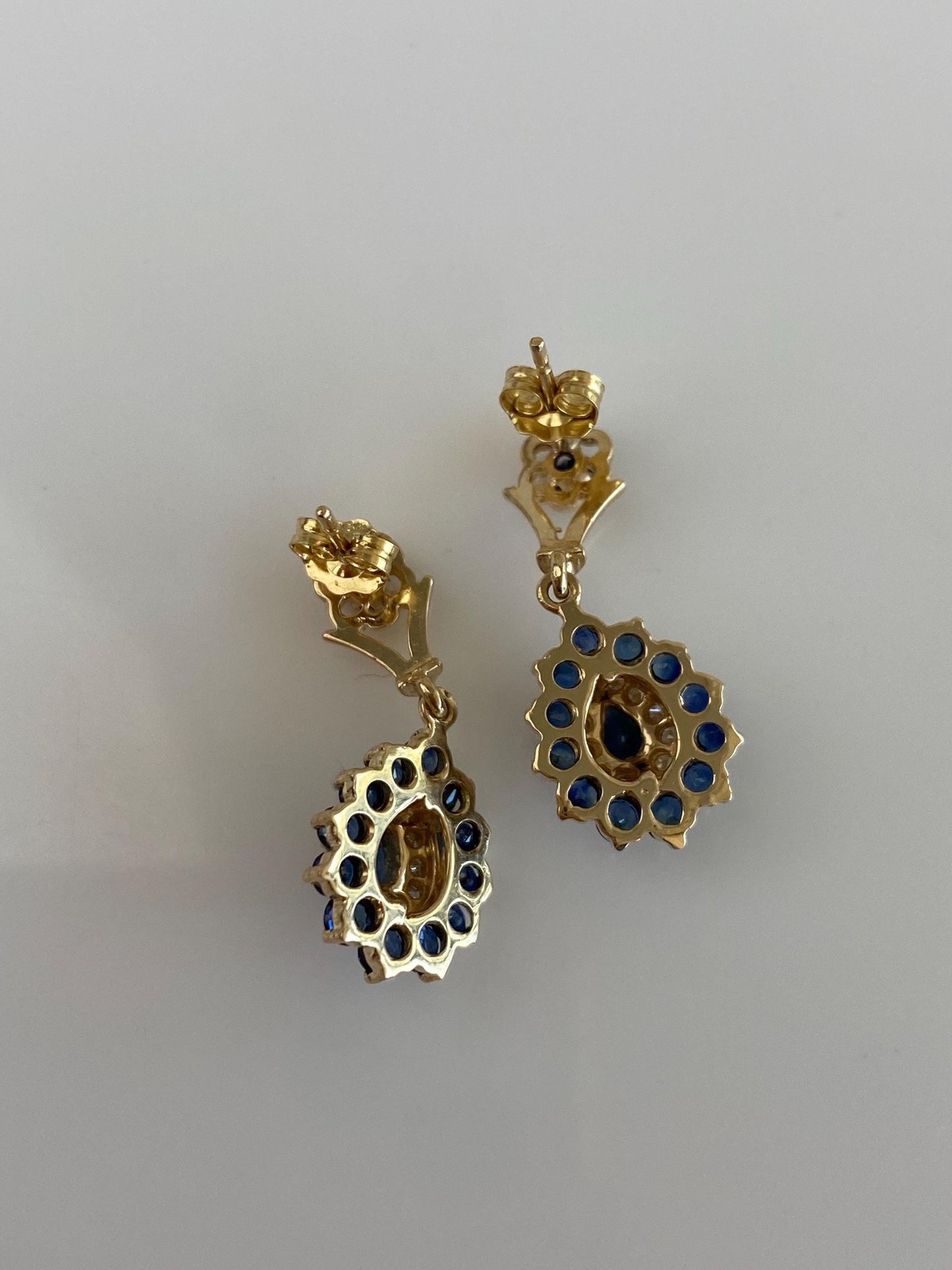 Vintage Solid 14k Yellow Gold Blue Sapphire Diamond Halo Dangle Stud Earrings