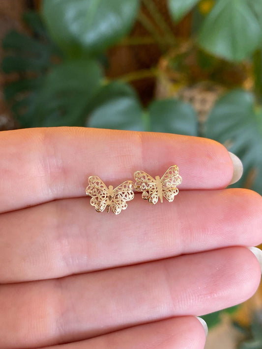 Vintage Solid 14k Yellow Gold Filigree Butterfly Stud Earrings