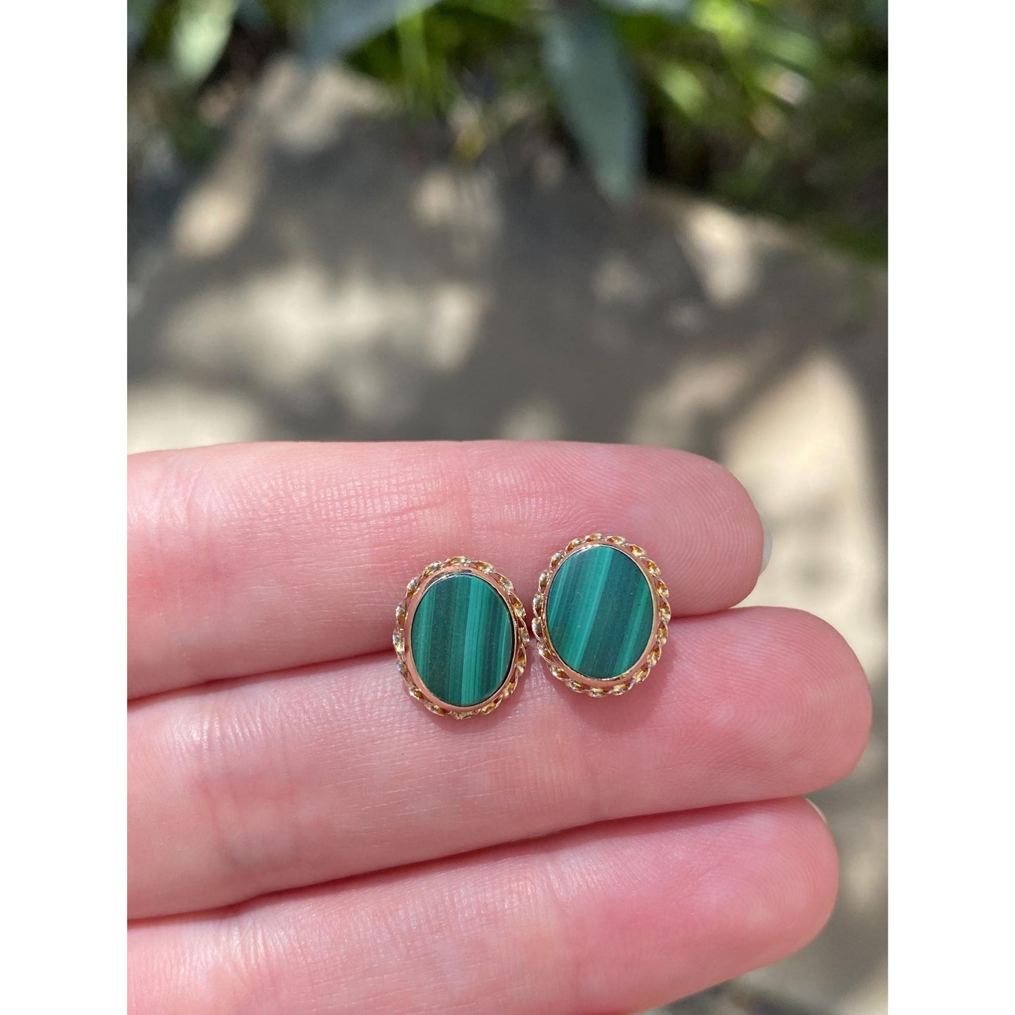 Vintage Solid 14k Yellow Gold Malachite Stud Earrings