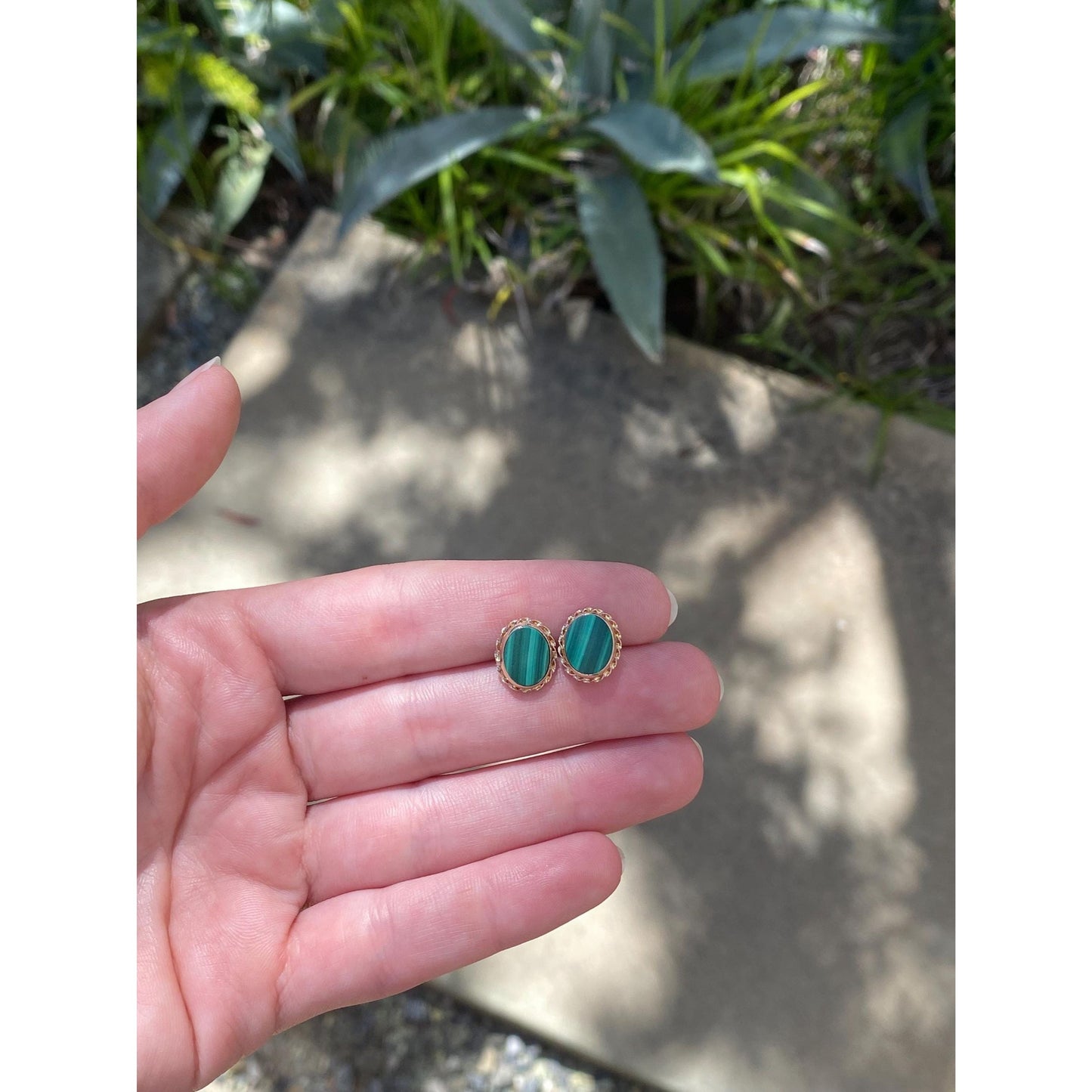 Vintage Solid 14k Yellow Gold Malachite Stud Earrings