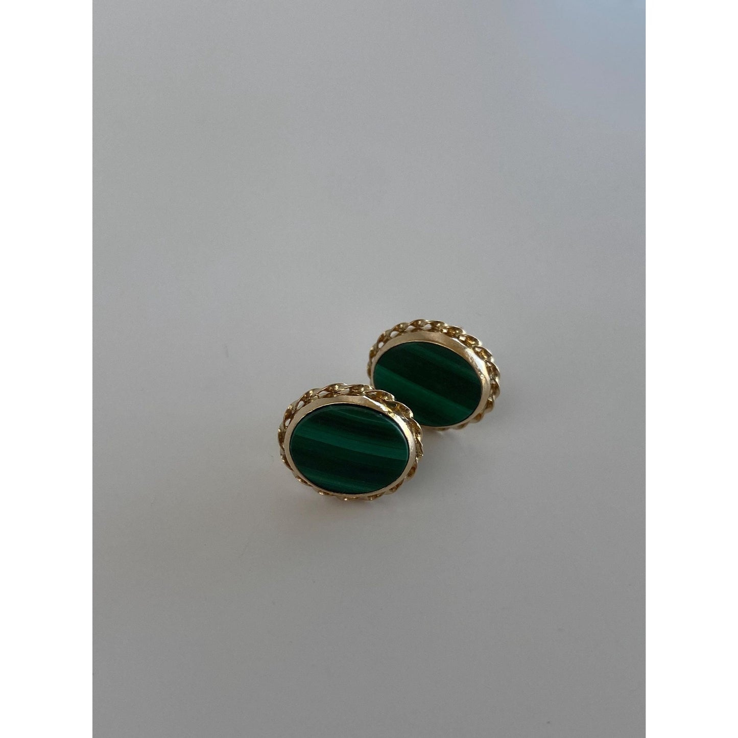 Vintage Solid 14k Yellow Gold Malachite Stud Earrings