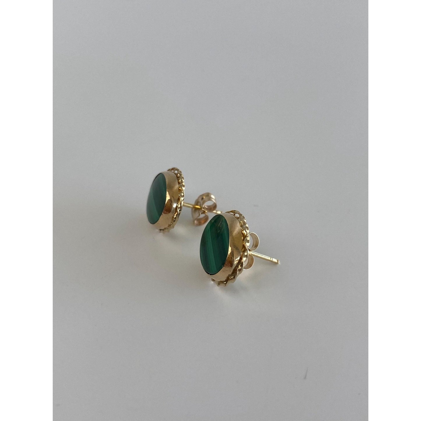 Vintage Solid 14k Yellow Gold Malachite Stud Earrings