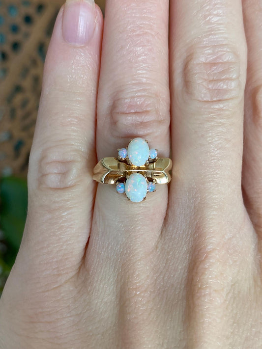 Vintage Solid 14k Yellow Gold Opals Ring - Size 4.25