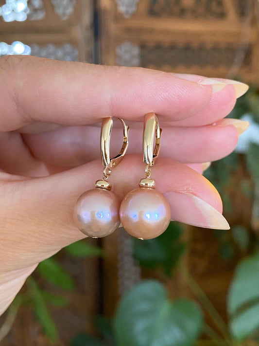 Vintage Solid 14k Yellow Gold Pink Pearl Dangle Earrings