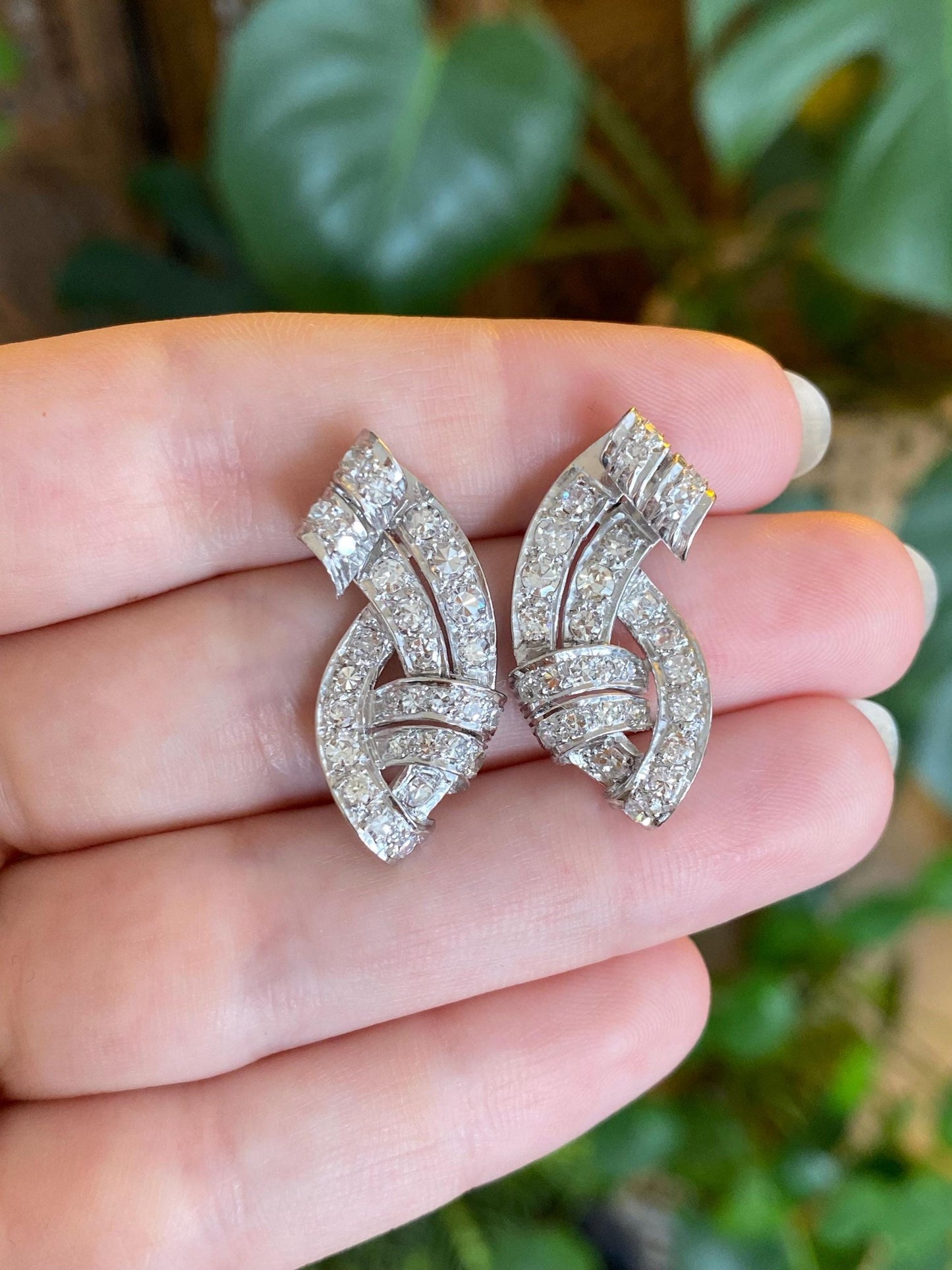 Vintage Solid Platinum Diamond Twist Drop Earrings