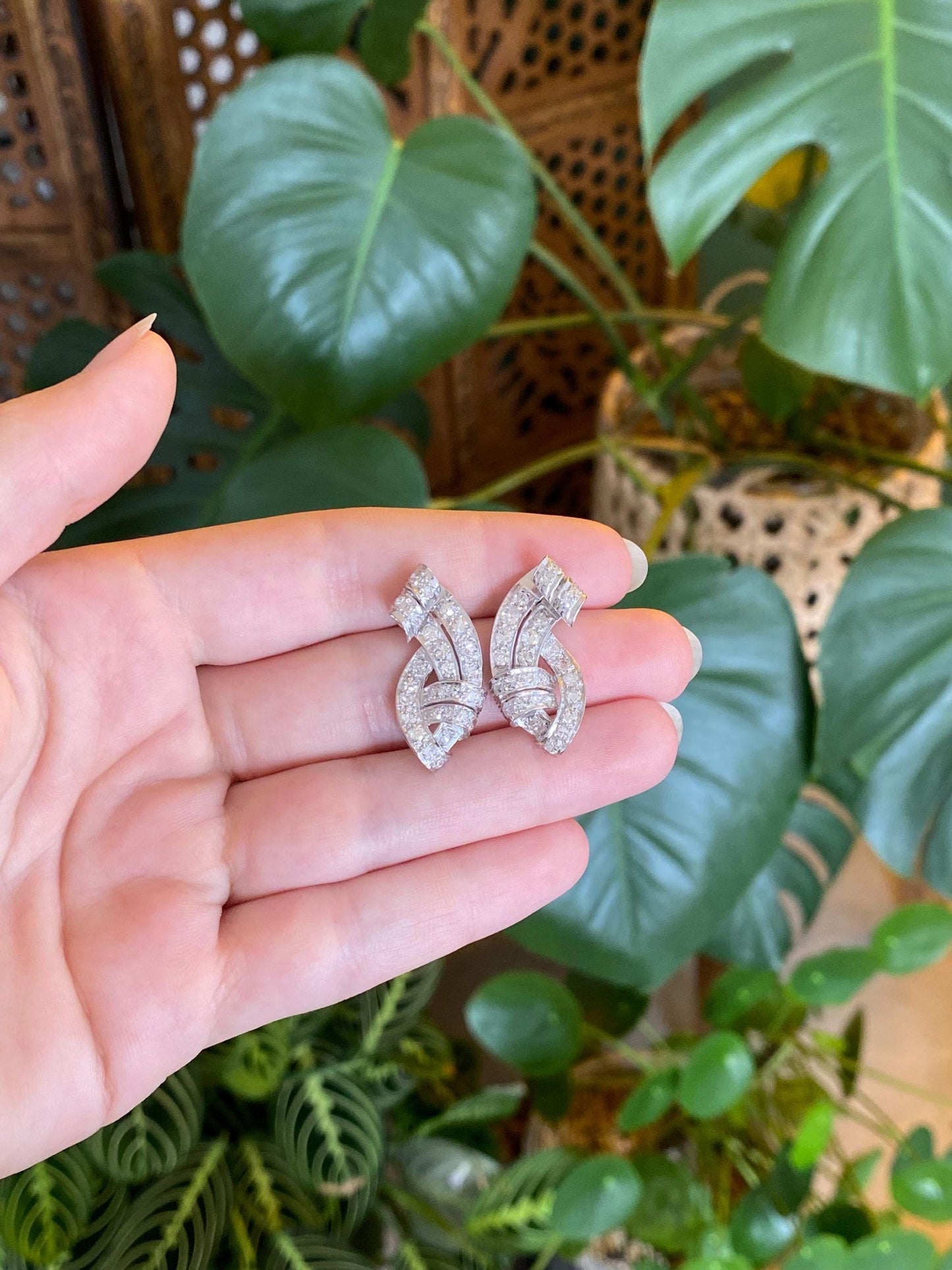 Vintage Solid Platinum Diamond Twist Drop Earrings