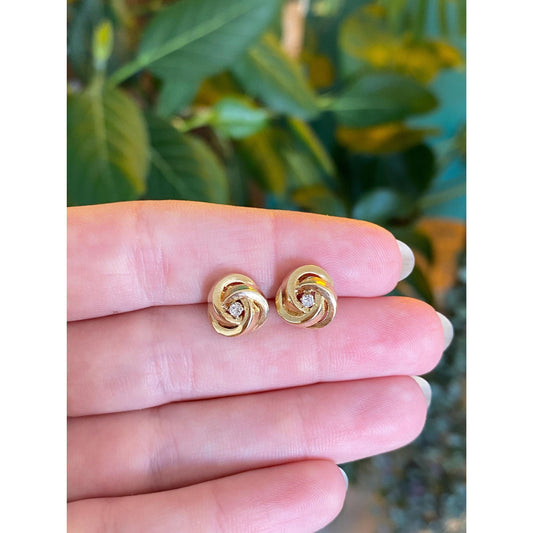 Vintage Solid 14k Yellow Gold Diamond Knot Stud Earrings