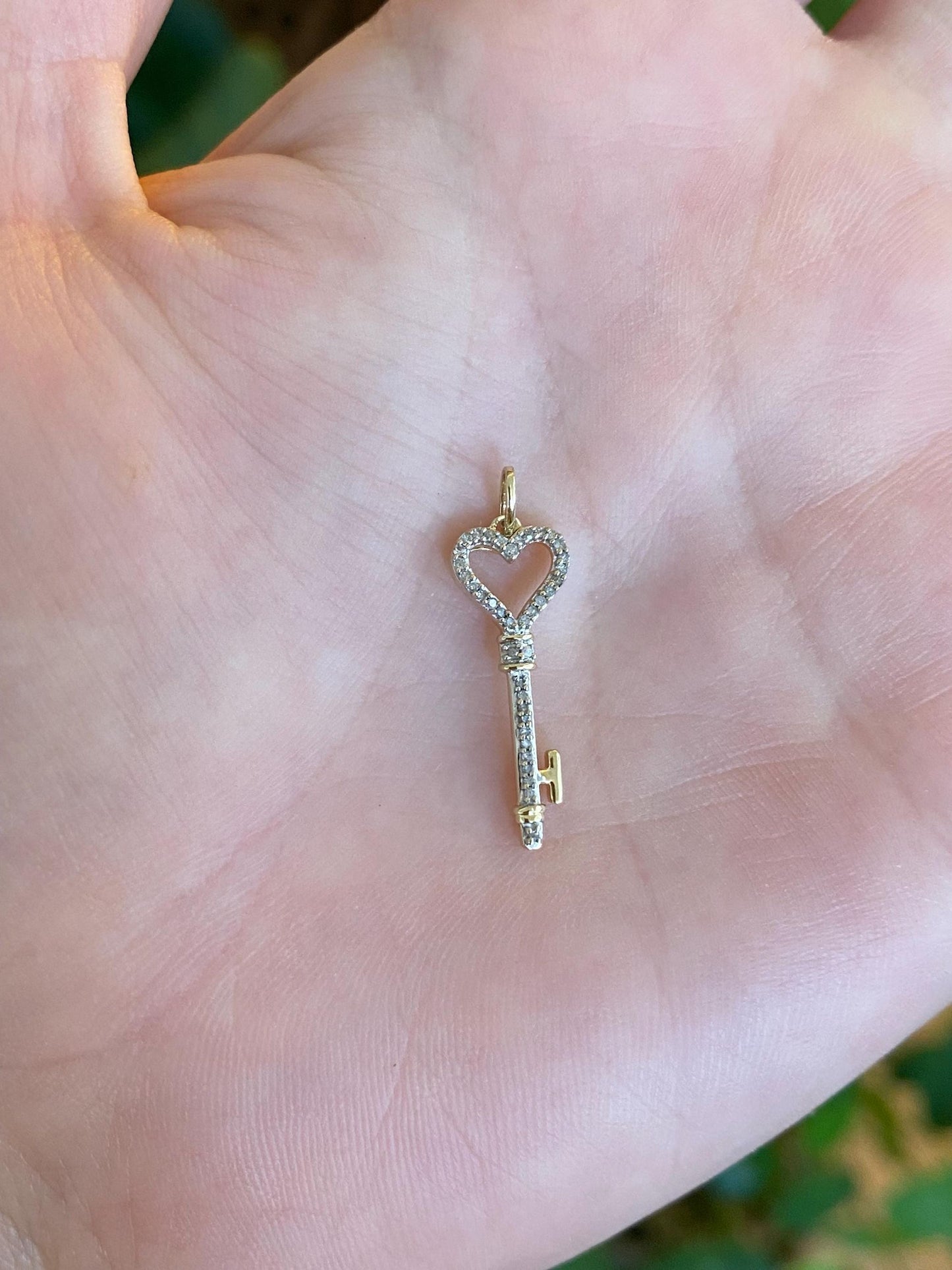 Vintage Solid 10k White & Yellow Gold Diamond Heart Key Charm