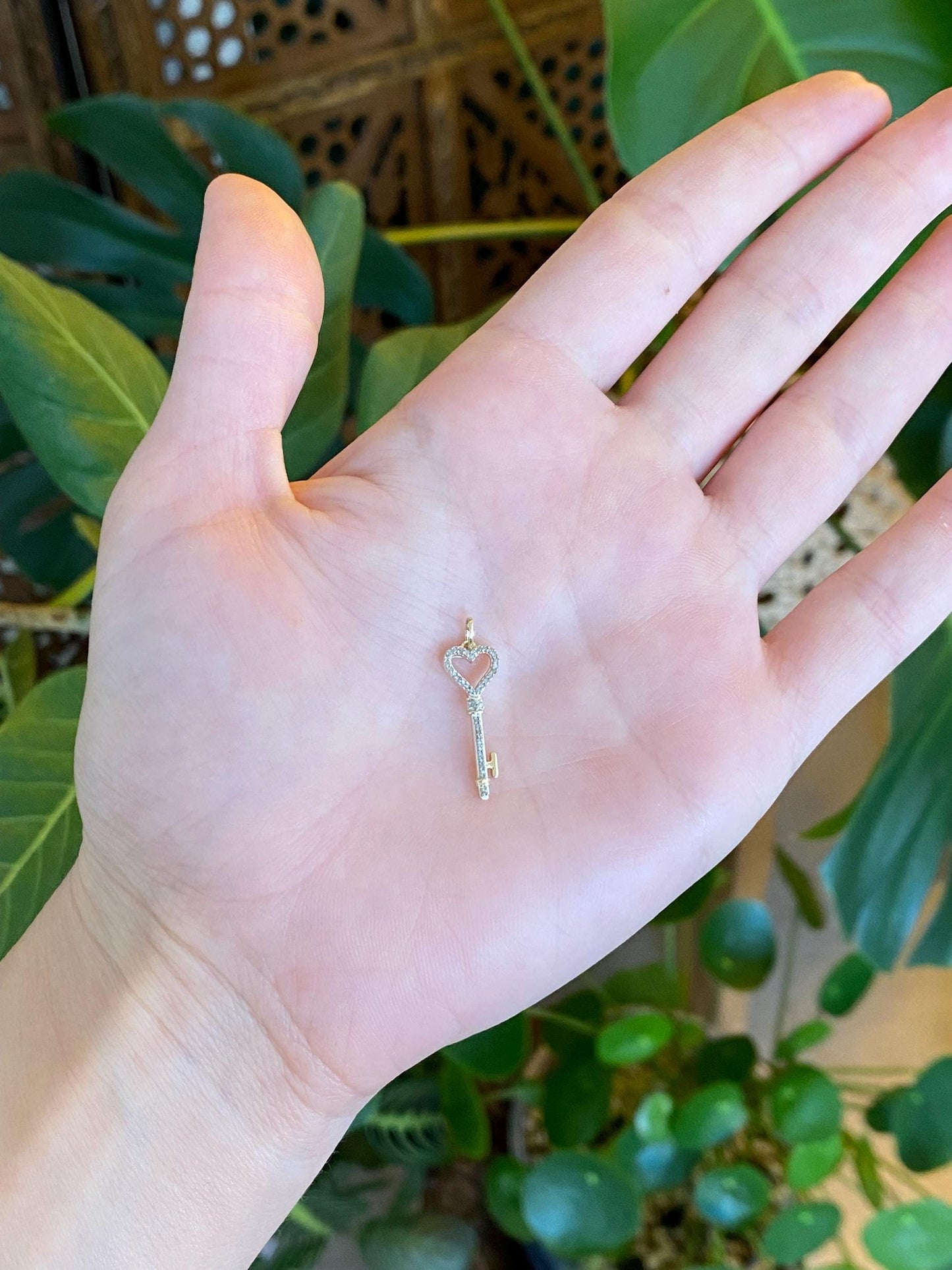 Vintage Solid 10k White & Yellow Gold Diamond Heart Key Charm