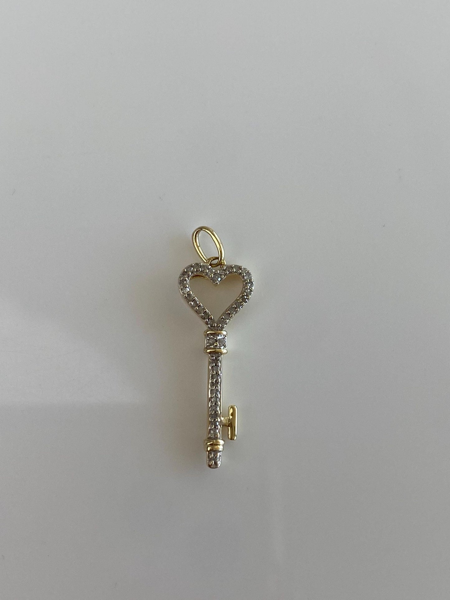 Vintage Solid 10k White & Yellow Gold Diamond Heart Key Charm