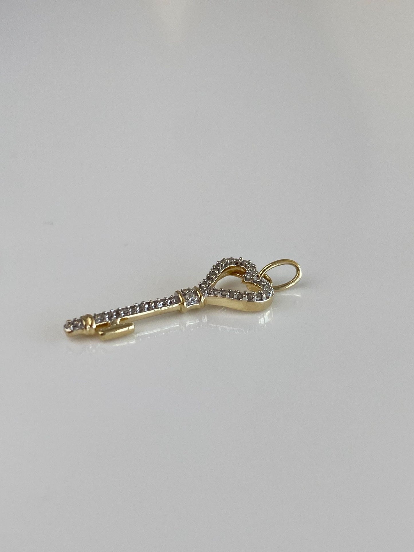 Vintage Solid 10k White & Yellow Gold Diamond Heart Key Charm