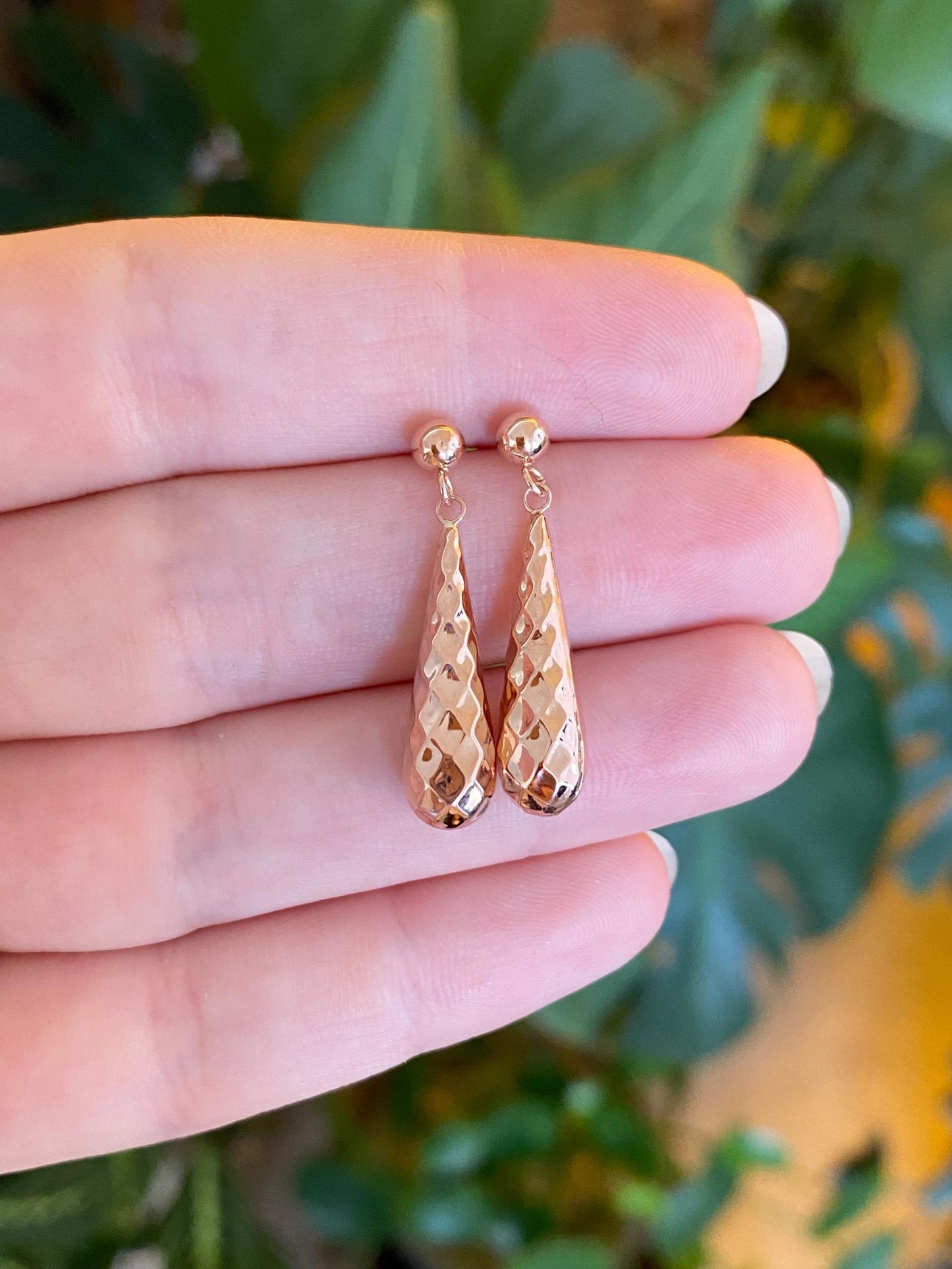 Vintage 14k Rose Gold Faceted Teardrop Dangle Stud Earrings
