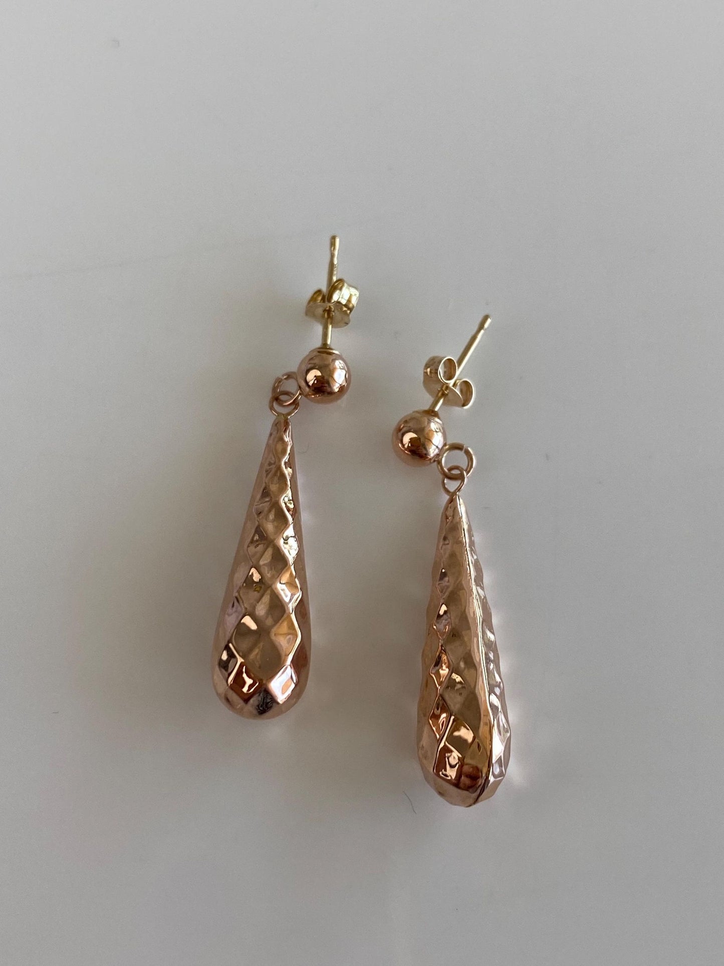Vintage 14k Rose Gold Faceted Teardrop Dangle Stud Earrings