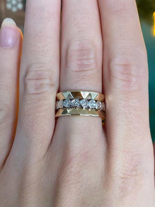 Vintage Solid 14k White & Yellow Gold Faceted Heart Wide Ring Band - Size 6.75