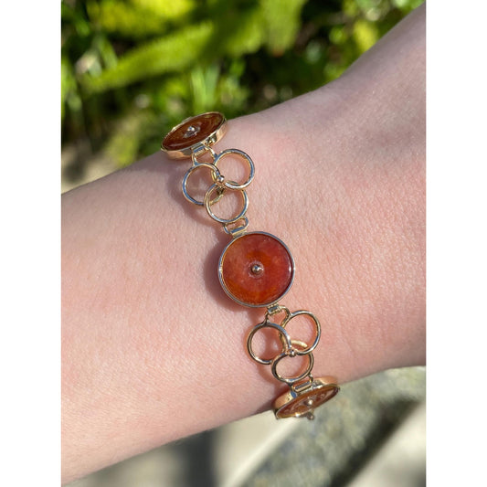 Vintage Solid 14k Yellow Gold Red Jade Link Bracelet - 7.75 Inches