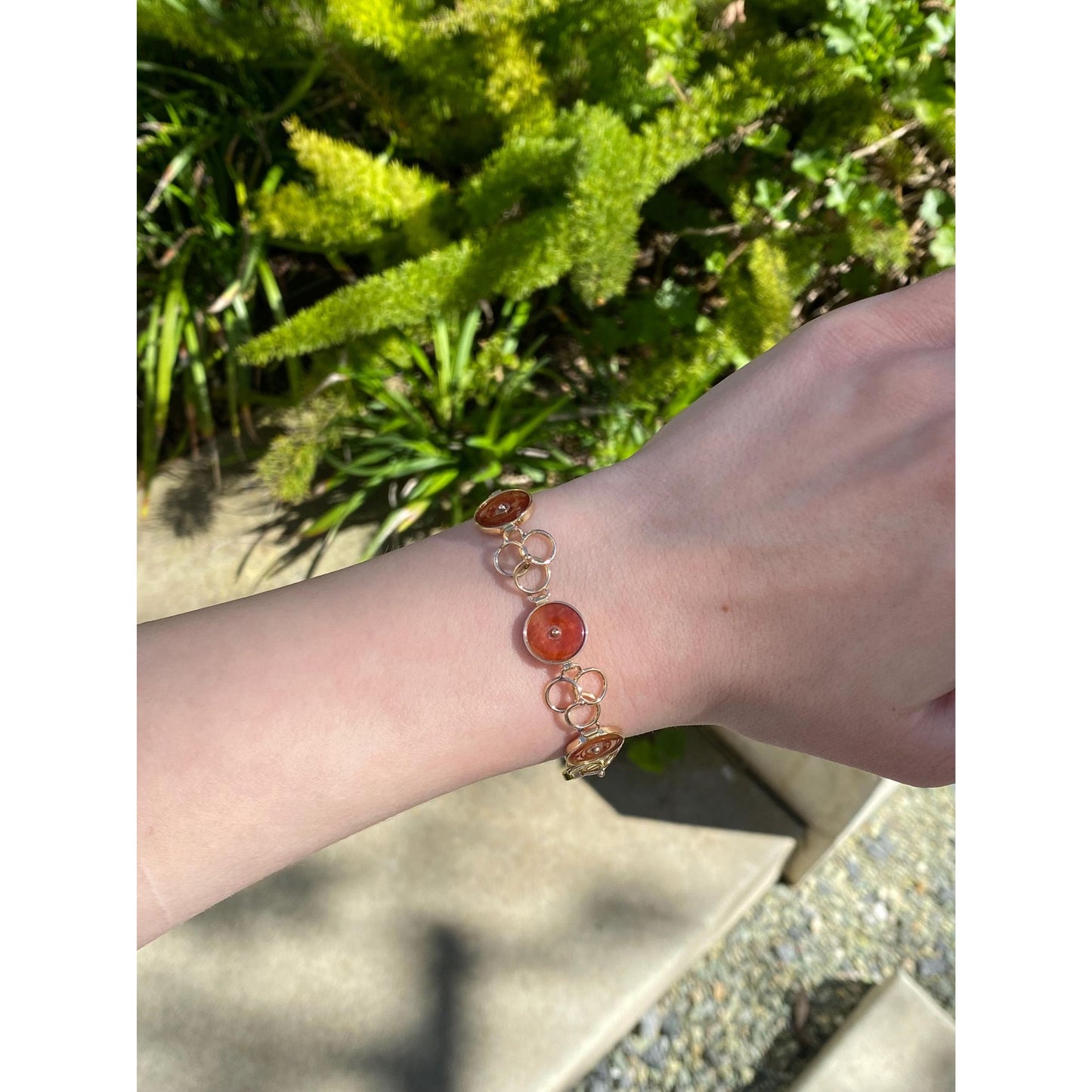 Vintage Solid 14k Yellow Gold Red Jade Link Bracelet - 7.75 Inches