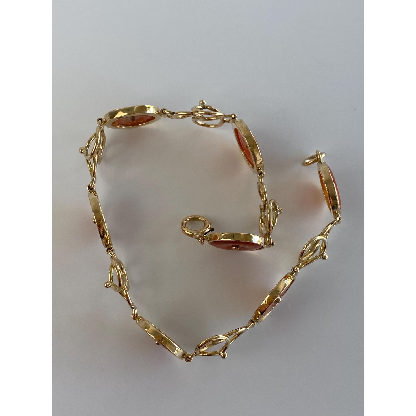 Vintage Solid 14k Yellow Gold Red Jade Link Bracelet - 7.75 Inches
