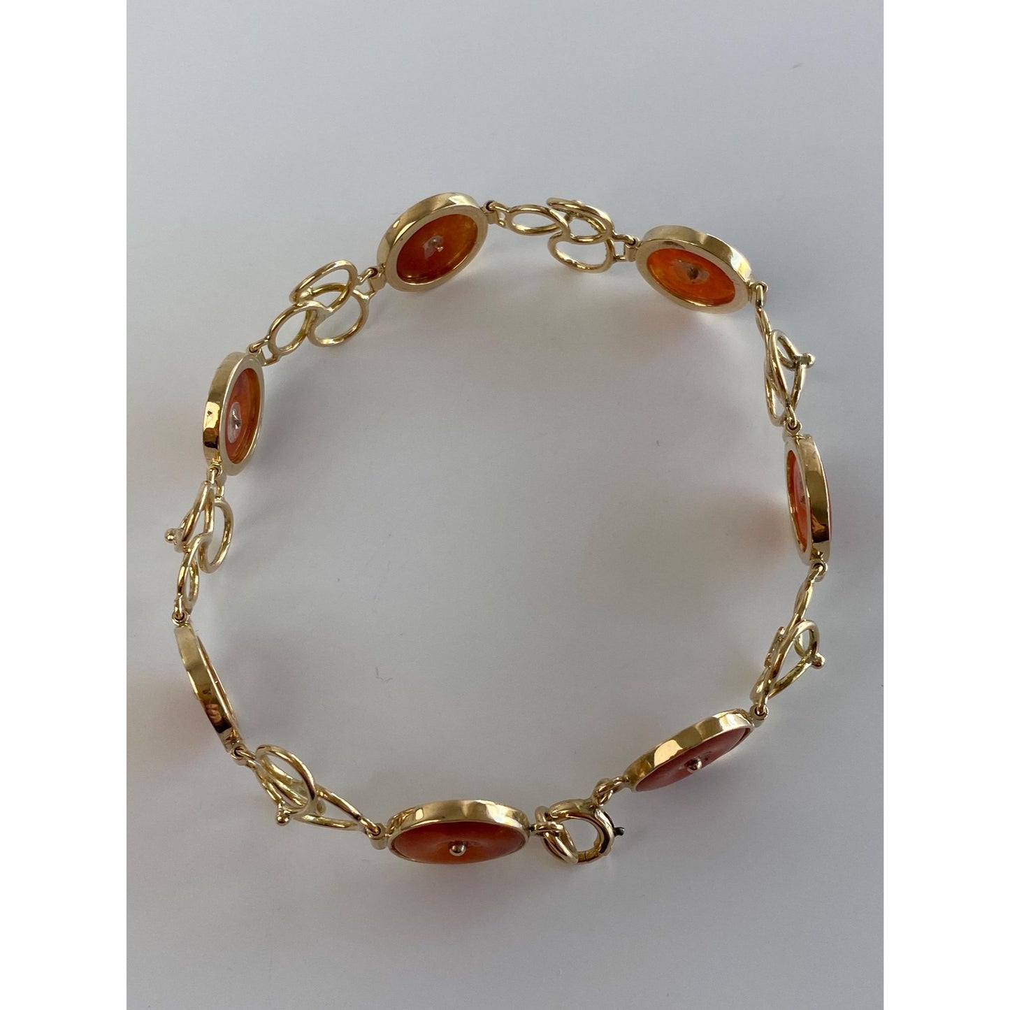 Vintage Solid 14k Yellow Gold Red Jade Link Bracelet - 7.75 Inches