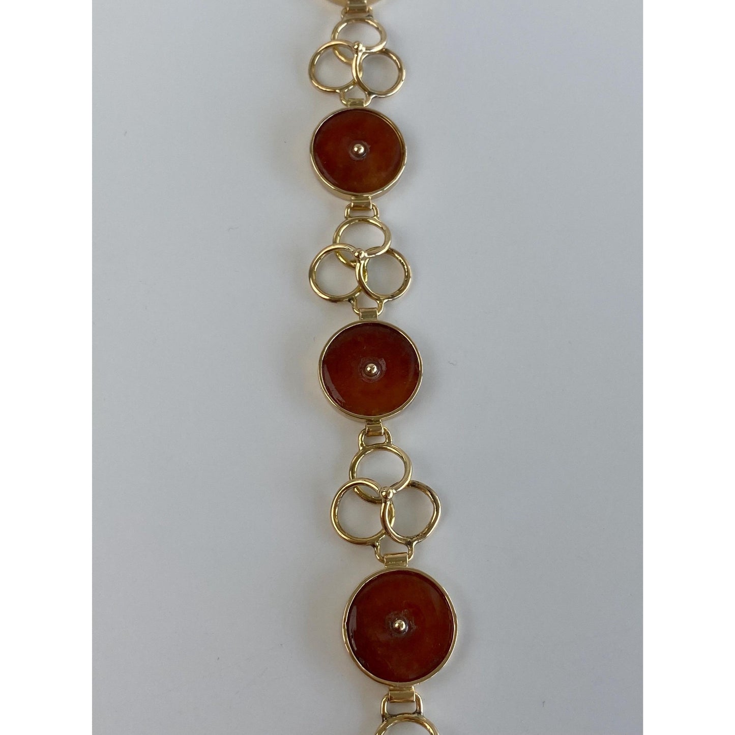 Vintage Solid 14k Yellow Gold Red Jade Link Bracelet - 7.75 Inches