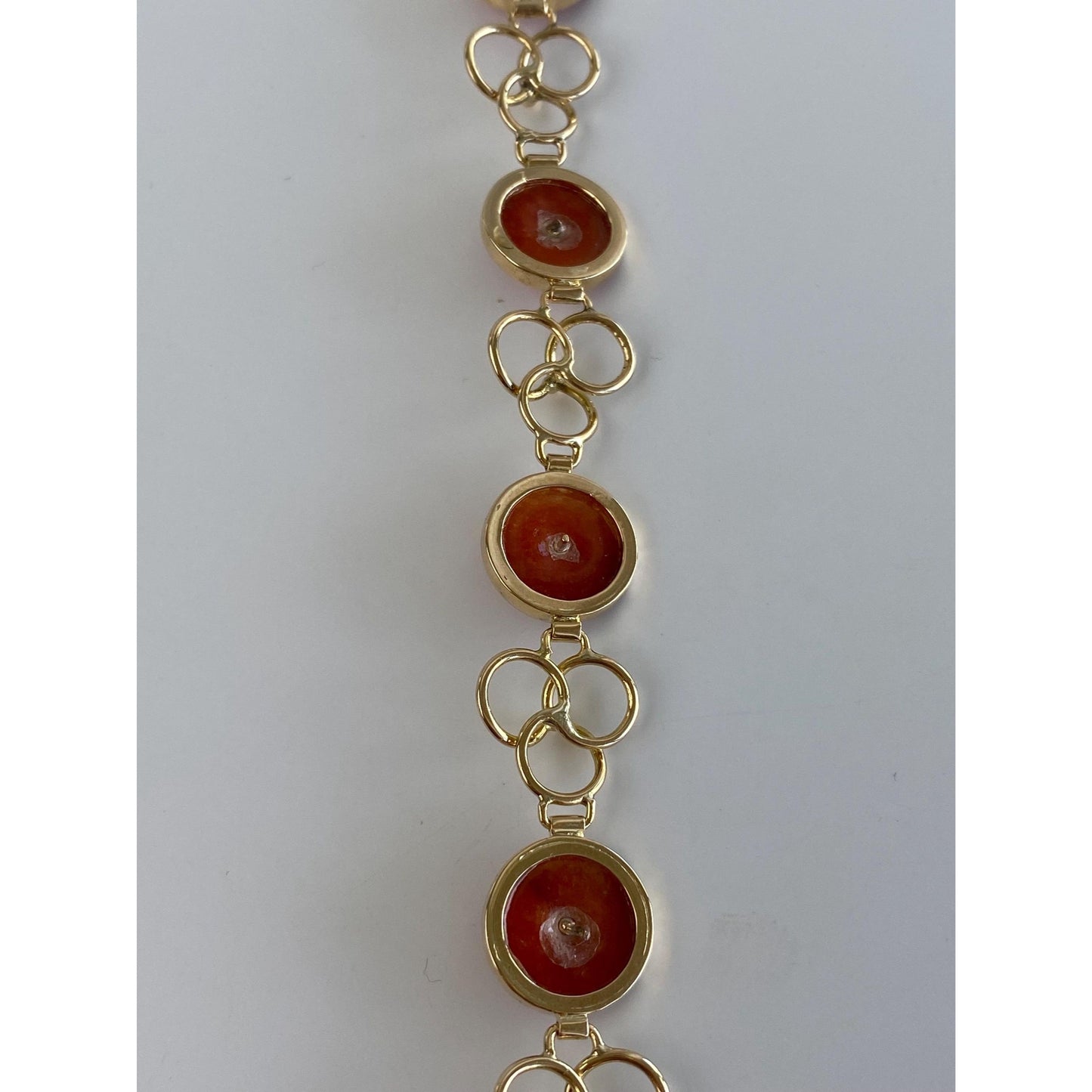 Vintage Solid 14k Yellow Gold Red Jade Link Bracelet - 7.75 Inches