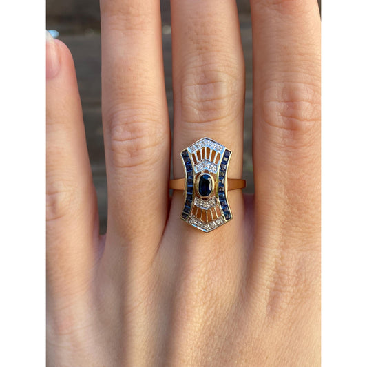 Solid 14k Yellow Gold Blue Sapphire Diamond Art Nouveau Ring - Size 6.5