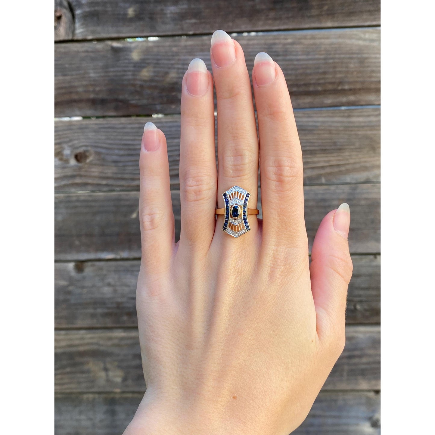 Solid 14k Yellow Gold Blue Sapphire Diamond Art Nouveau Ring - Size 6.5