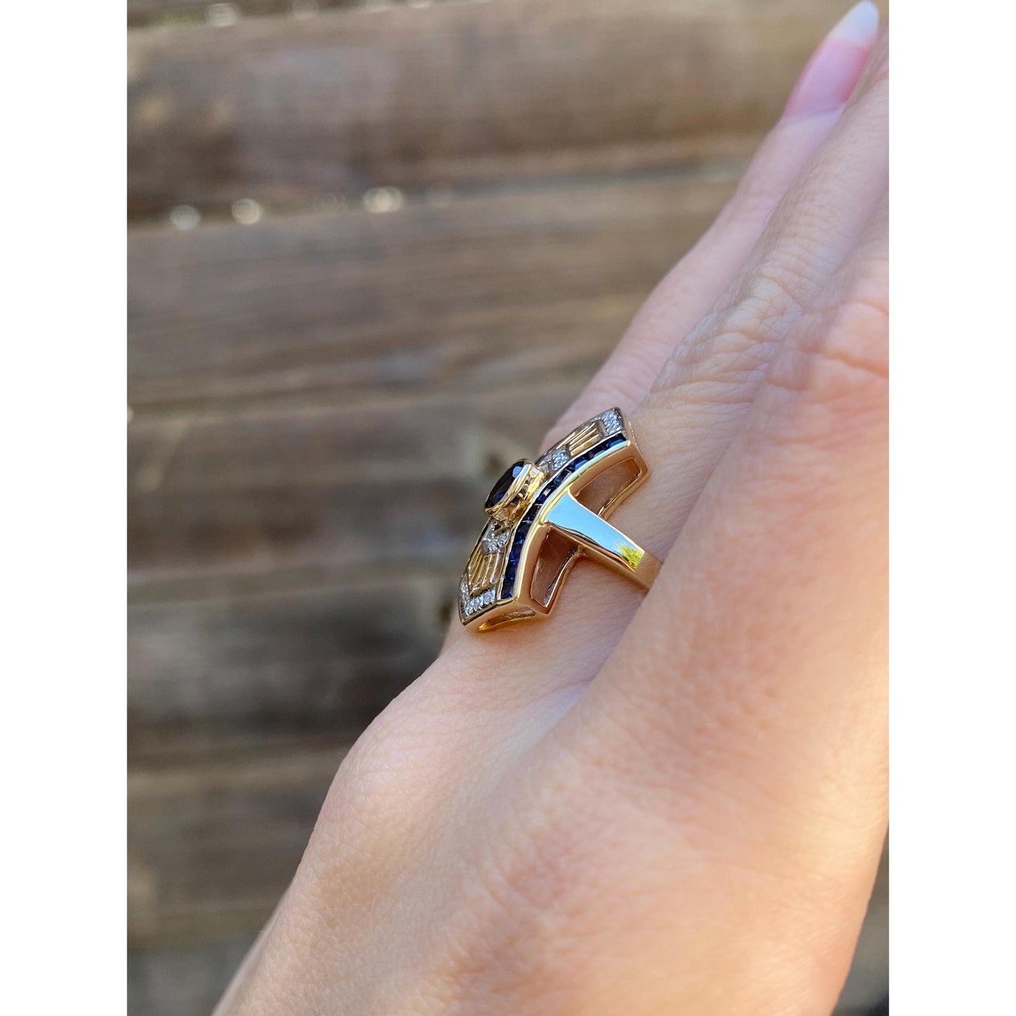 Solid 14k Yellow Gold Blue Sapphire Diamond Art Nouveau Ring - Size 6.5