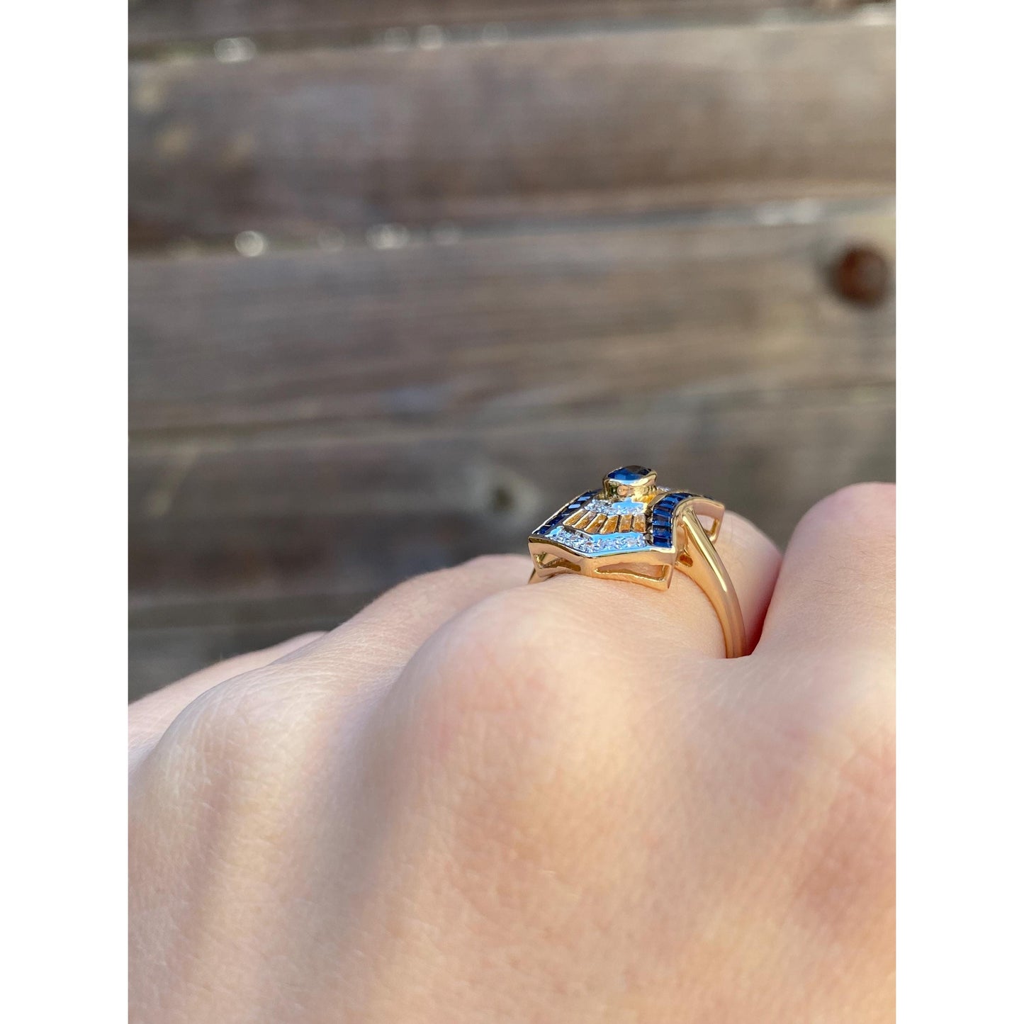 Solid 14k Yellow Gold Blue Sapphire Diamond Art Nouveau Ring - Size 6.5